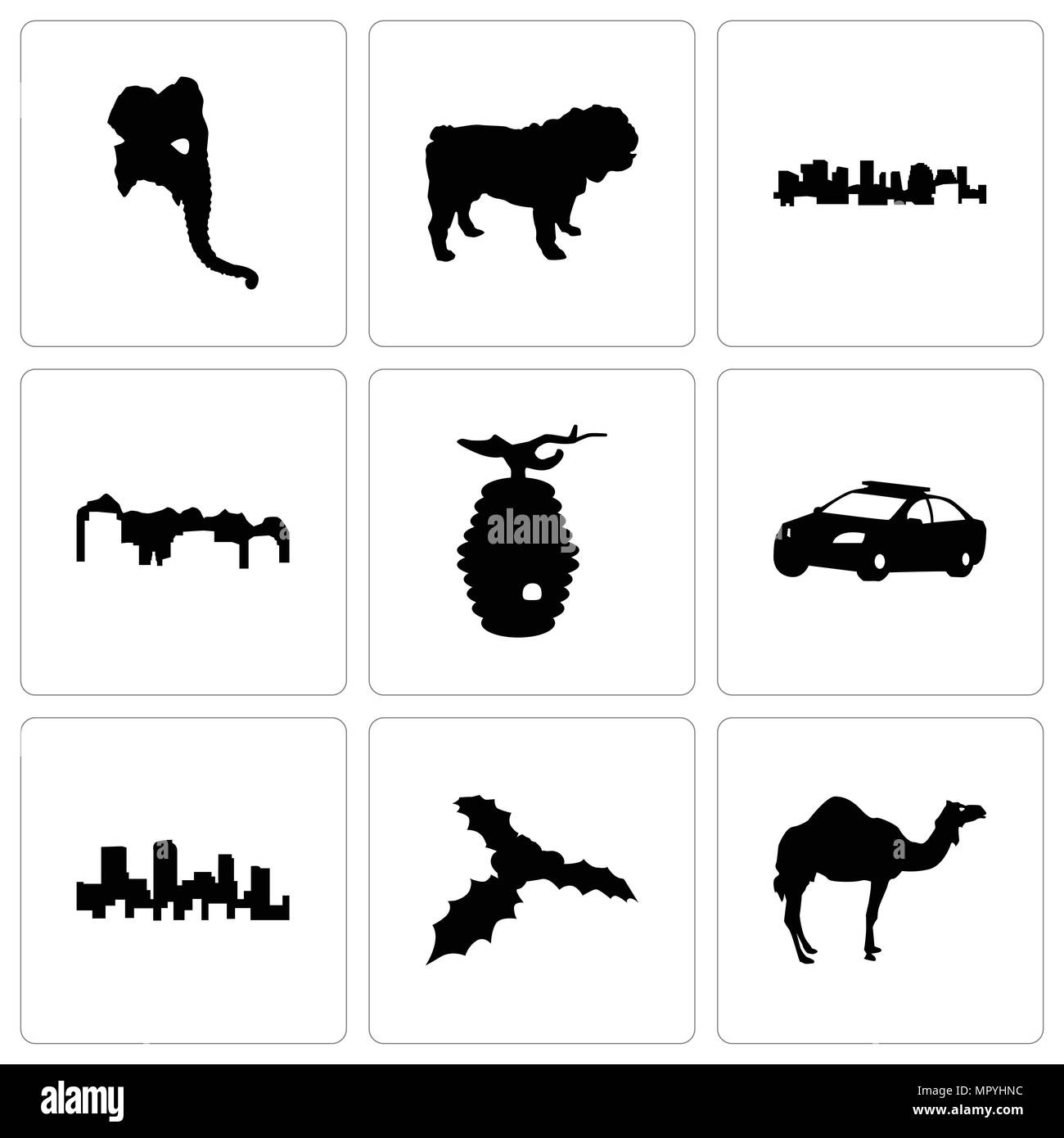 Set di 9 semplici icone modificabili come il cammello, vischio, colorado, auto della polizia, beehive, Utah, Norvegia, bulldog testa di elefante, può essere usato per il mobile, Illustrazione Vettoriale