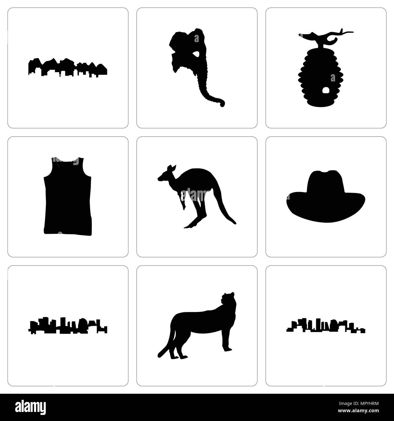 Set di 9 semplici icone modificabile come Norvegia, ghepardo, cappello da cowboy, canguro, serbatoio superiore, beehive, testa di elefante, Utah, può essere usato per il mobile, web Illustrazione Vettoriale