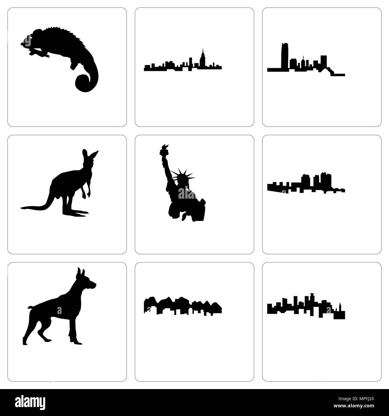 Set di 9 semplici icone modificabile come minnesota, Utah, doberman, Haiti, la statua della libertà, canguro, Oklahoma, Alabama, camaleonte, può essere utilizzato per i mo Illustrazione Vettoriale