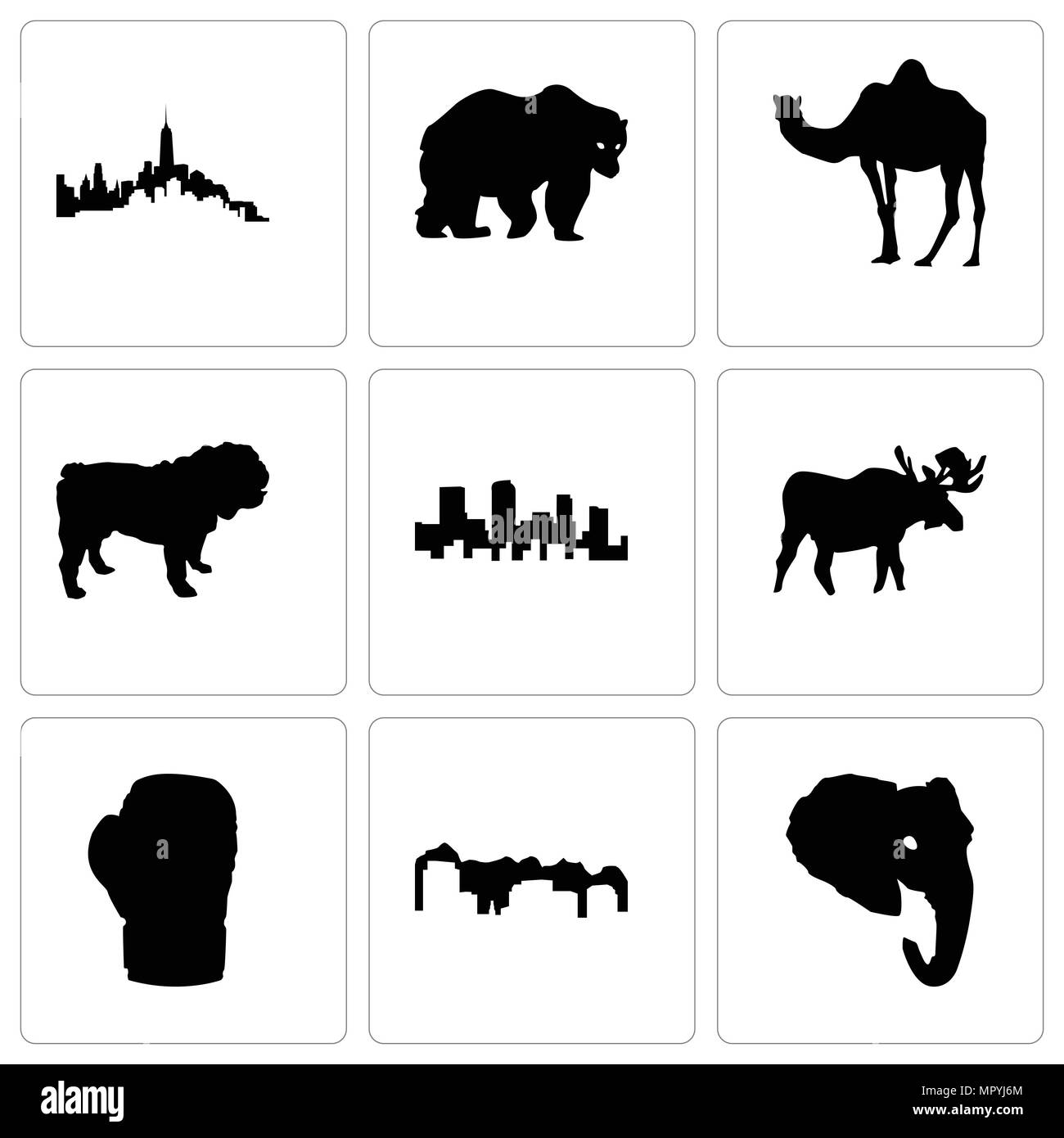 Set di 9 semplici icone modificabile come testa di elefante, Utah, boxe guanto, alci, colorado bulldog, cammello, orso, , può essere usato per il mobile, web Illustrazione Vettoriale