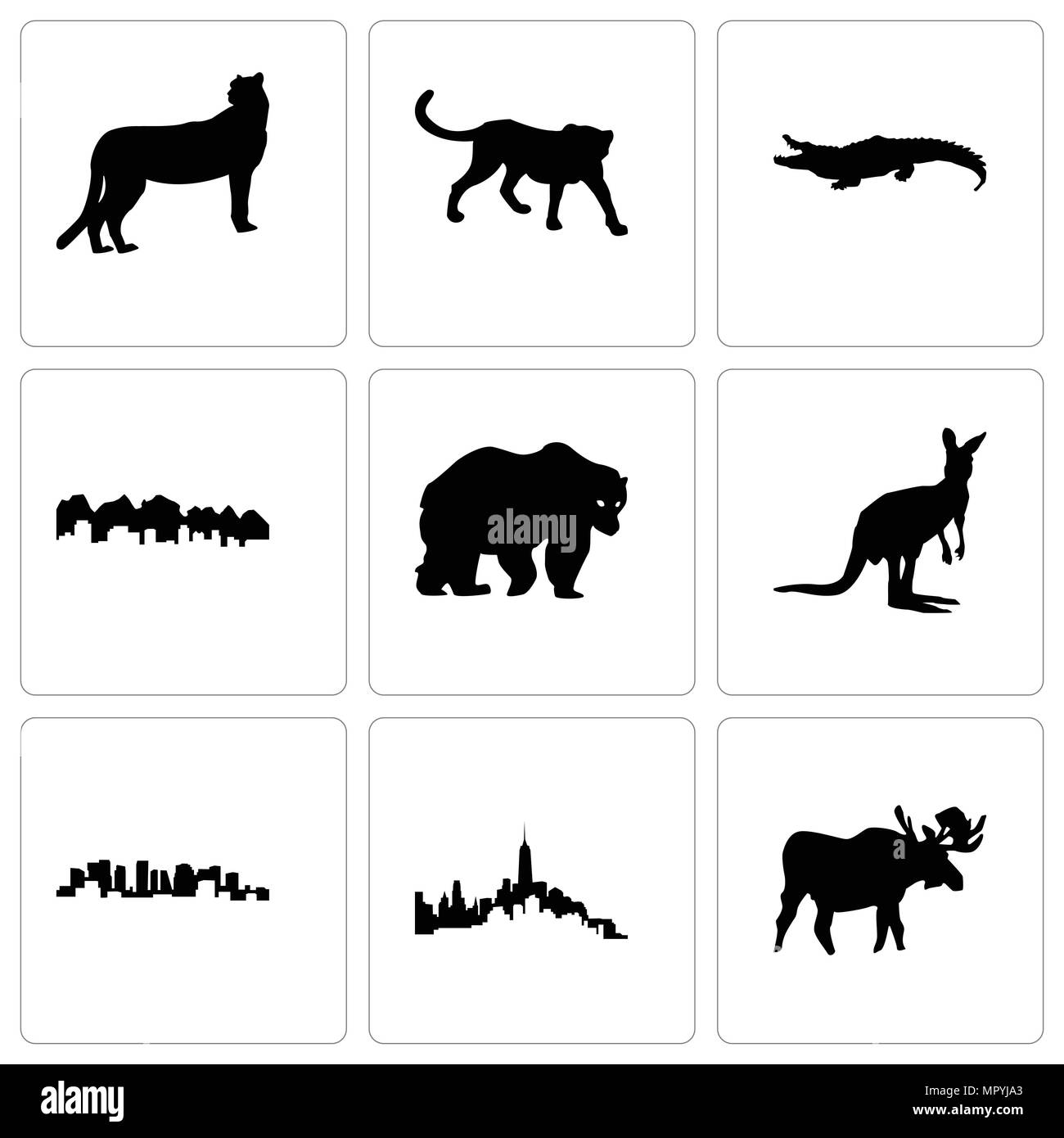 Set di 9 semplici icone modificabili come ad esempio alci, Norvegia, canguri, orsi, Utah, alligatore, ghepardo, può essere usato per il mobile, web Illustrazione Vettoriale