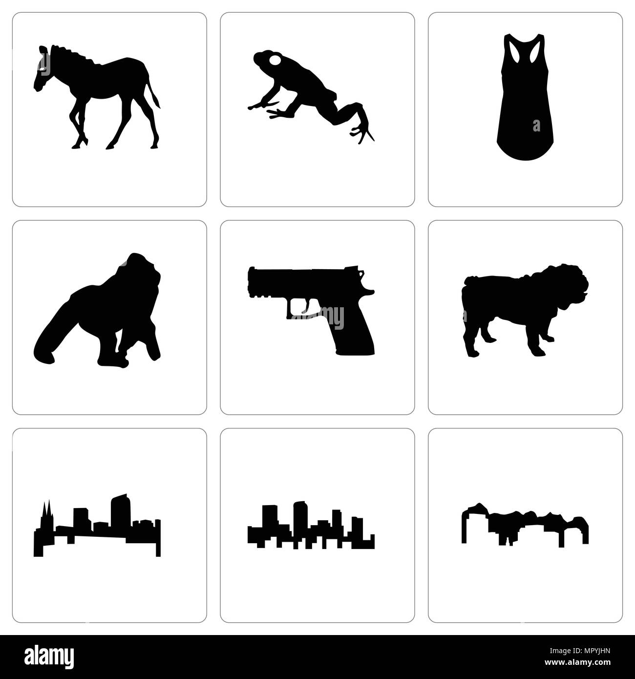 Set di 9 semplici icone modificabile come Utah e Colorado, bulldog pistola, gorilla, tank top, rana, zebra, può essere usato per il mobile, web Illustrazione Vettoriale