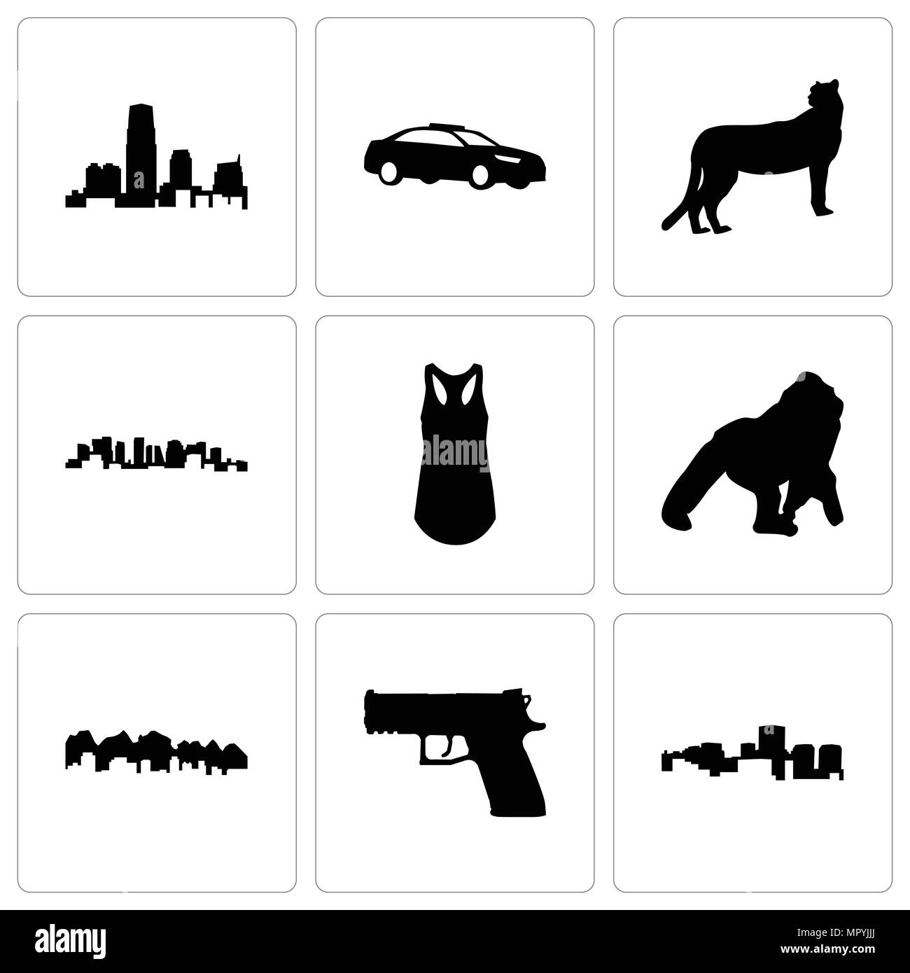 Set di 9 semplici icone modificabile come stato di Virginia, revolver, Utah, gorilla, tank top, Norvegia, ghepardo, auto della polizia, new jersey, può essere utilizzato per mobi Illustrazione Vettoriale