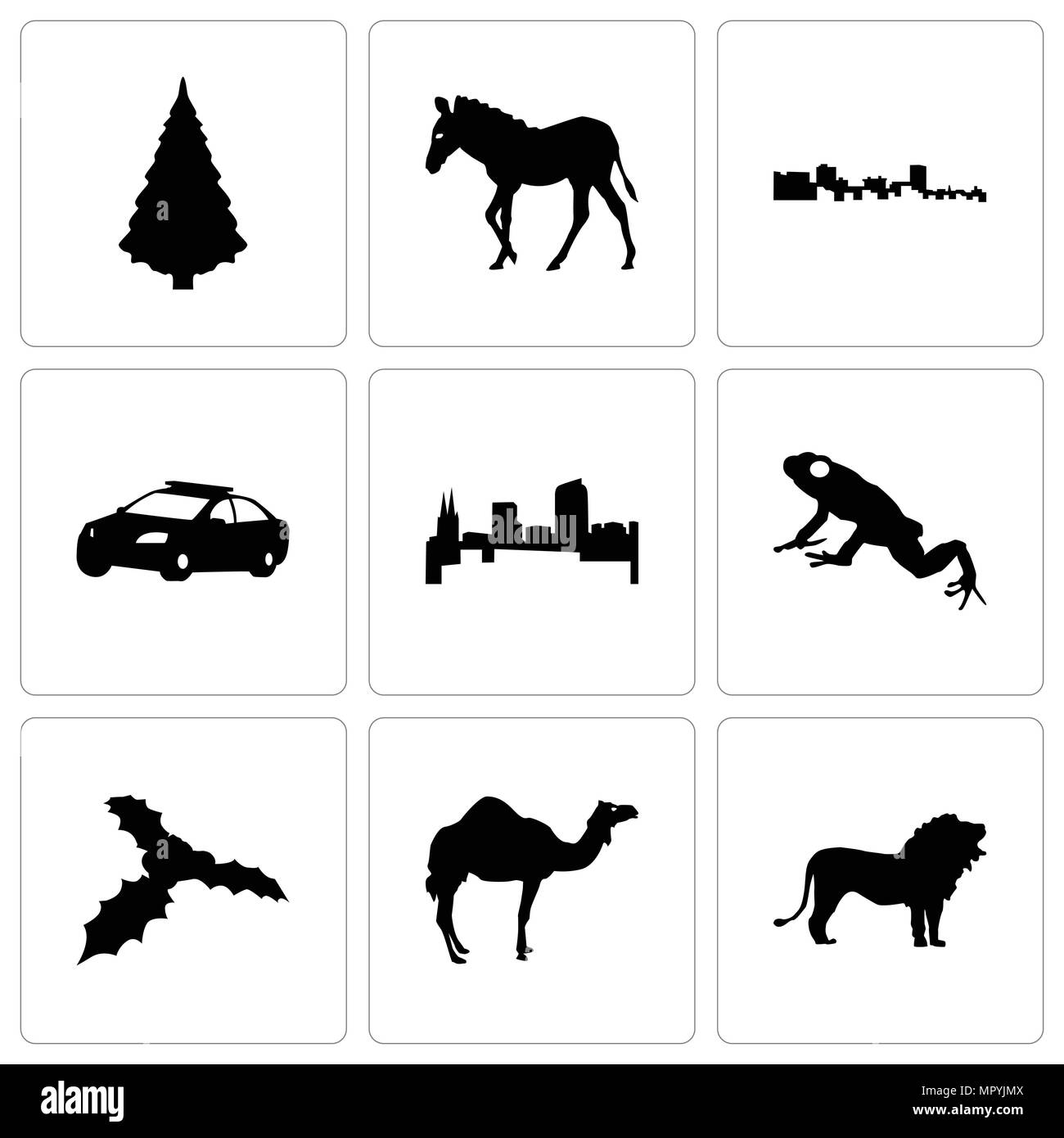 Set di 9 semplici icone modificabile come lion, cammello, vischio, rana, colorado, auto della polizia, Cuba, zebra, albero di Natale, può essere usato per il mobile, web Illustrazione Vettoriale
