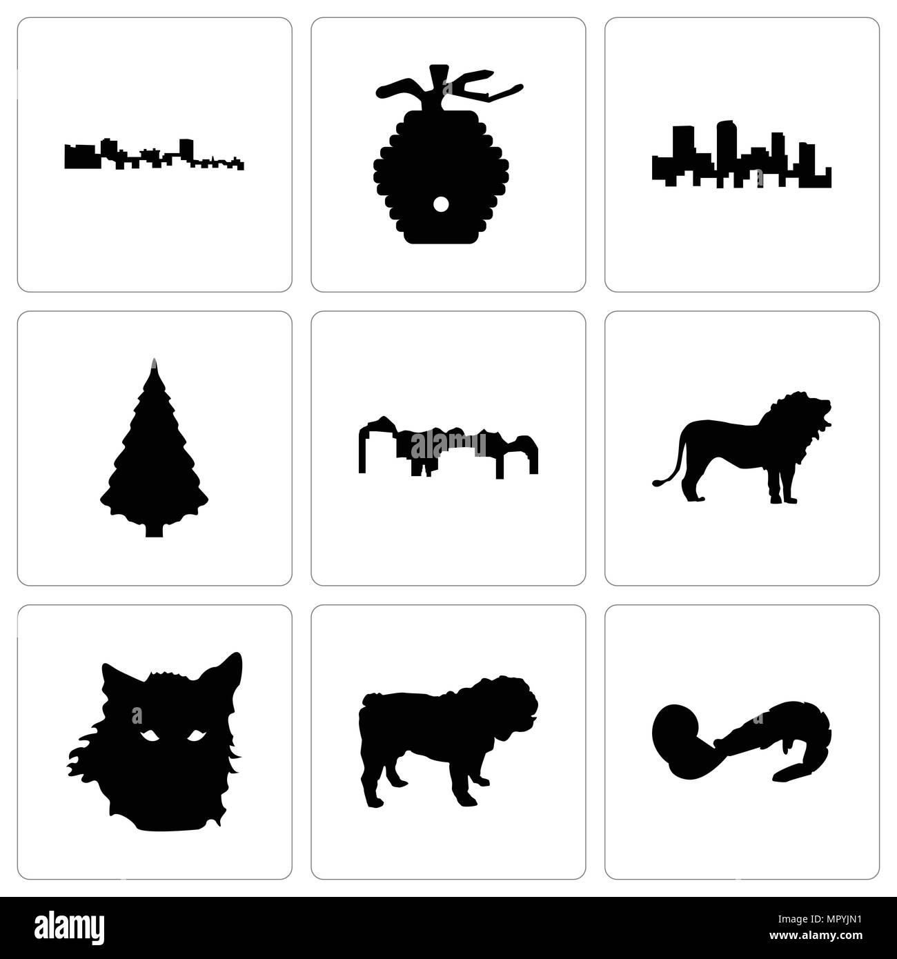 Set di 9 semplici icone modificabili quali gamberetti, bulldog wolf faccia, lion, Utah, albero di natale, colorado, beehive, Cuba, può essere usato per il mobile, web Illustrazione Vettoriale