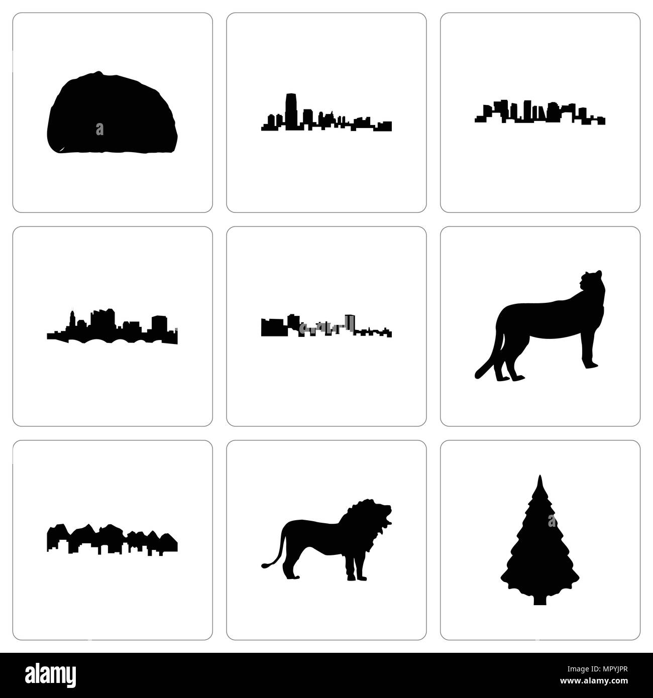 Set di 9 semplici icone modificabile come albero di natale, lion, Utah, ghepardo, Cuba, stato dell'Ohio, Norvegia, new jersey, taco, può essere usato per il mobile, web Illustrazione Vettoriale