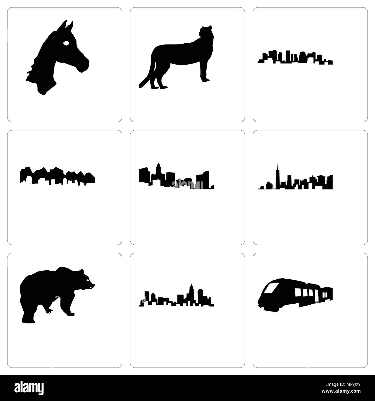 Set di 9 semplici icone modificabili quali treno, North Carolina, orso, Utah, Norvegia, ghepardo, cavallo faccia, può essere usato per il mobile, web Illustrazione Vettoriale