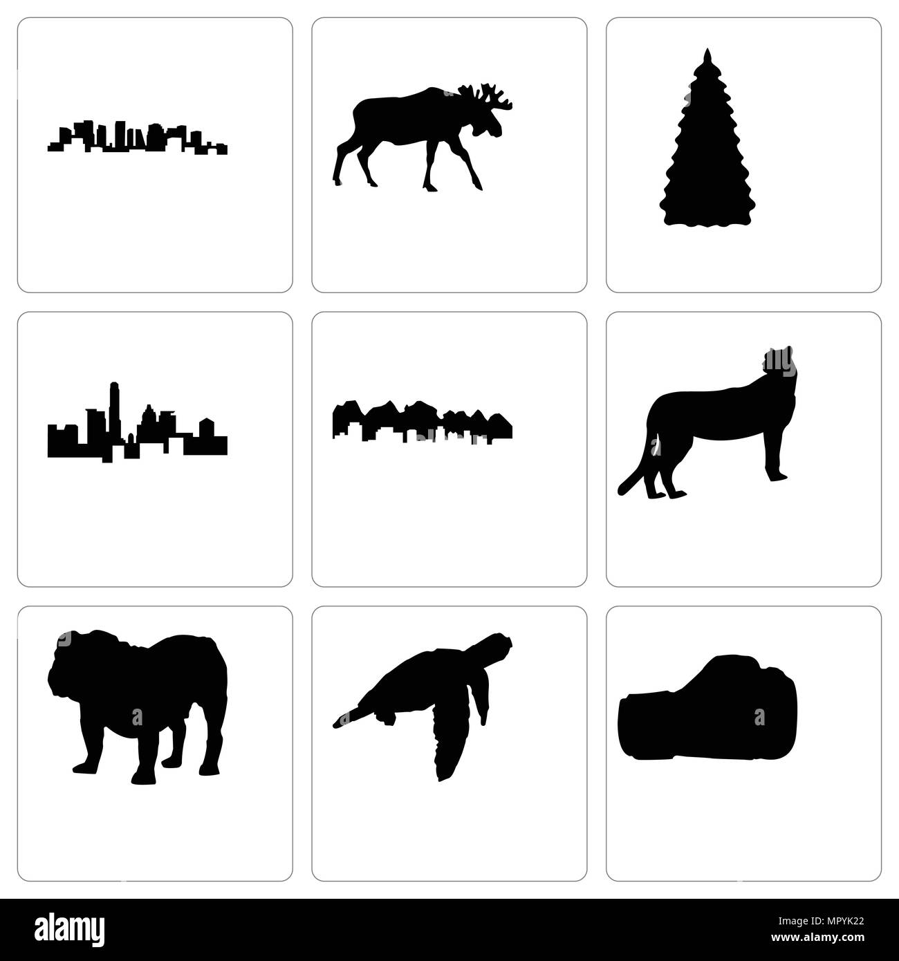 Set di 9 semplici icone modificabile come guanto di boxe, tartarughe marine, bulldog cheetah, Utah, stato del Texas, l'albero di natale, alci, Norvegia, possono essere utilizzati fo Illustrazione Vettoriale