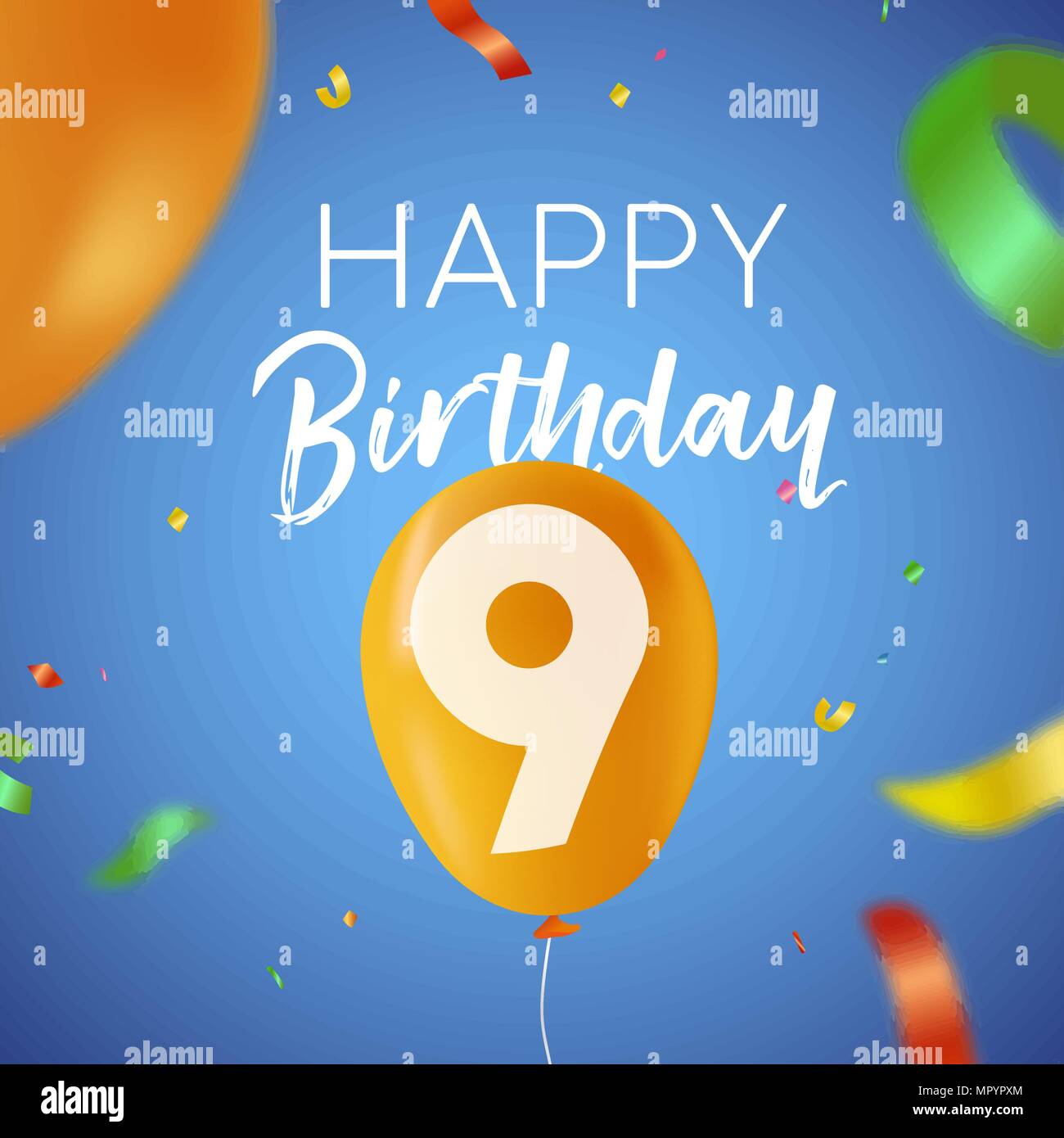 Buon compleanno 9 nove anni design divertente con numero di palloncino e colorati coriandoli decorazione. Ideale per l'invito alla festa o biglietto di auguri. EPS vettore10 Illustrazione Vettoriale