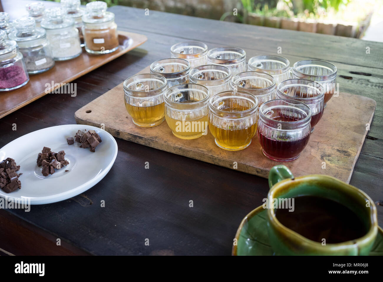 Degustazione di diverse balinese di tè e caffè e cioccolatini, Tegenungan, Bali, Indonesia (09.05.2018) Foto Stock