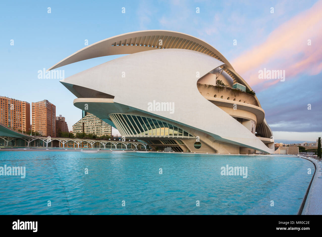 Valencia Opera House o Palau de les Arts Reina Sofia prima del sorgere del sole a Valencia in Spagna. Foto Stock