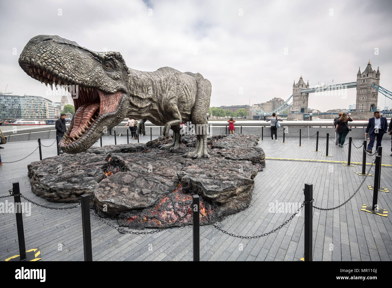 Londra, Regno Unito. 25 maggio 2018. Un modello di Tirannosauro Rex al London Bridge promuove "mondo giurassico: caduto Regno' apertura del film. Credito: Guy Corbishley/Alamy Live News Foto Stock