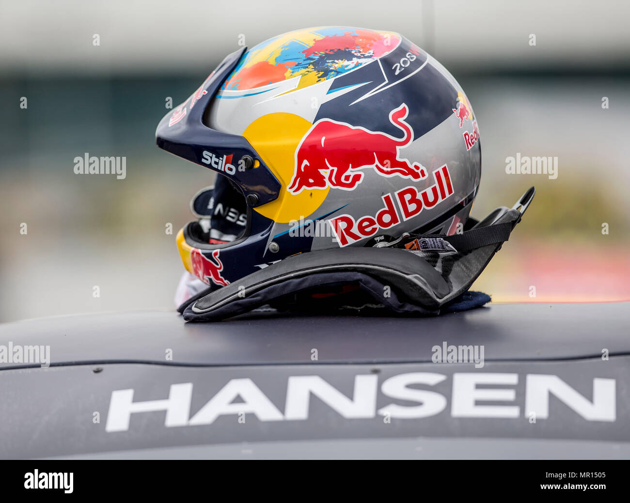 Circuito di Silverstone, Towcester, Regno Unito. 25 Maggio, 2018. Cooper  pneumatici mondo RX della Gran Bretagna, il Festival SpeedMachine; il casco  di Kevin Hansen (SWE) sulla Peugeot 208 WRX per il Team
