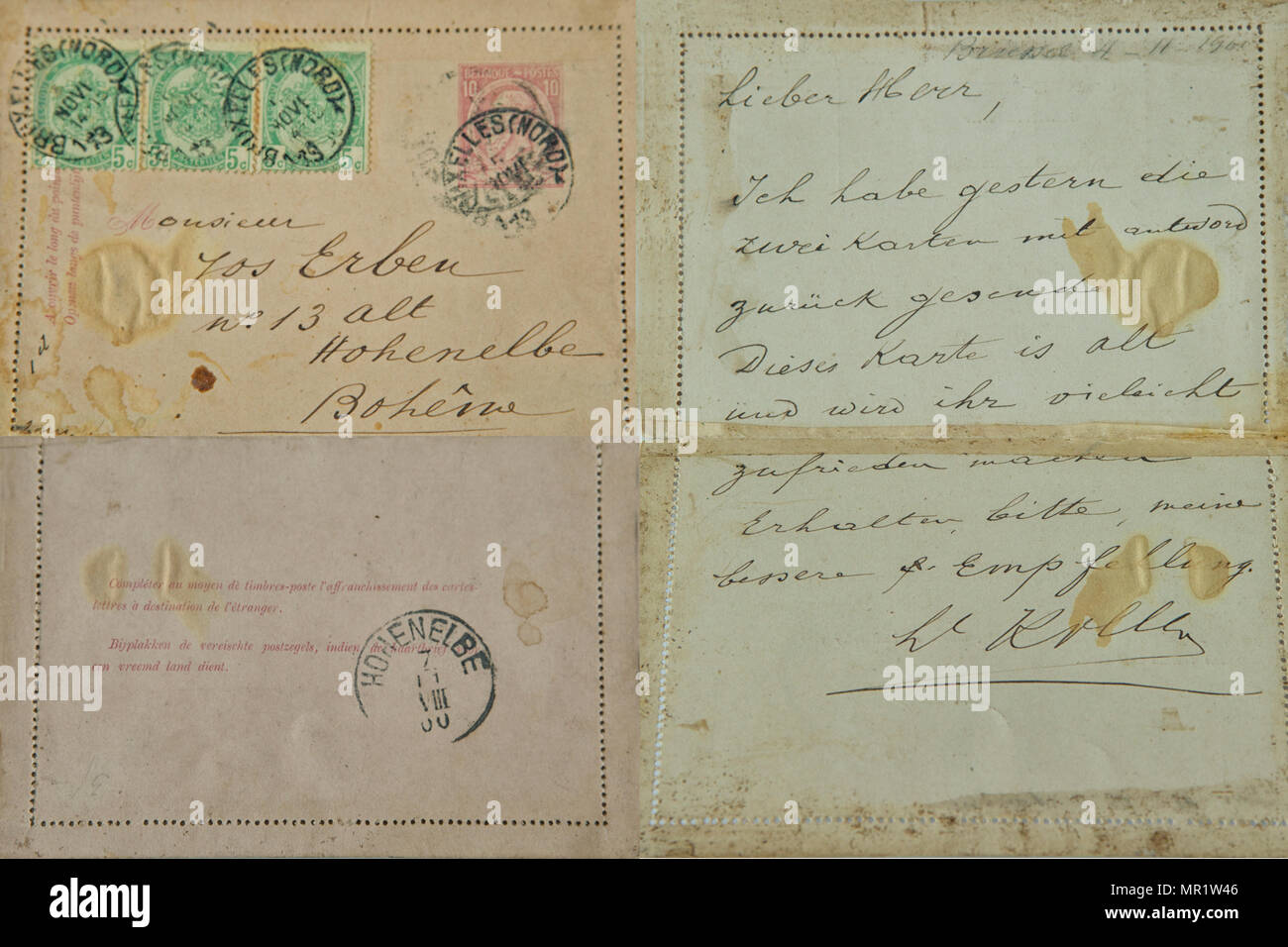 Parte anteriore e posteriore della busta vintage e la lettera inviata dal Belgio in Boemia in Germania nel 1900 Foto Stock