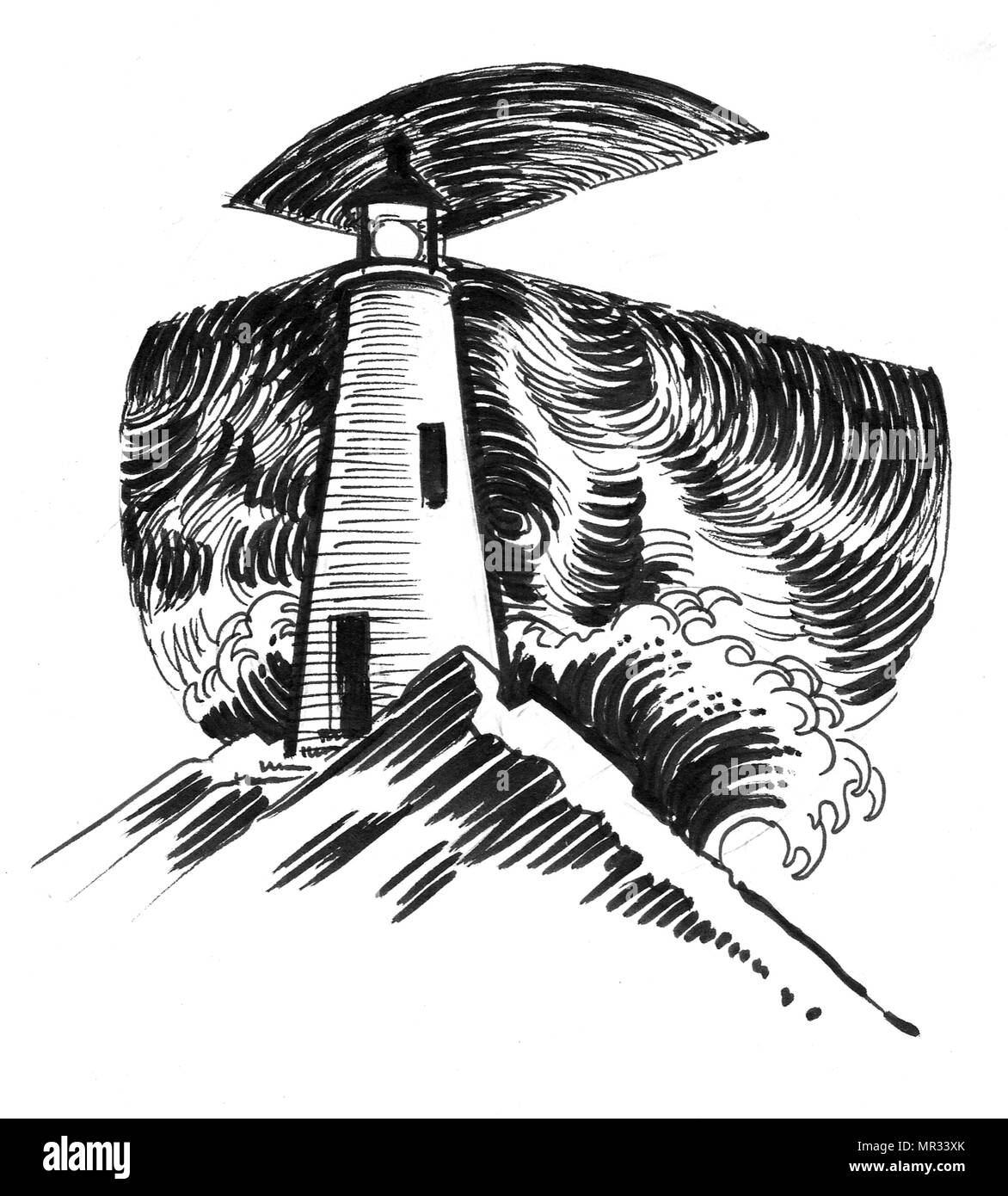 Faro nella notte. Bianco e nero illustrazione inchiostro Foto Stock