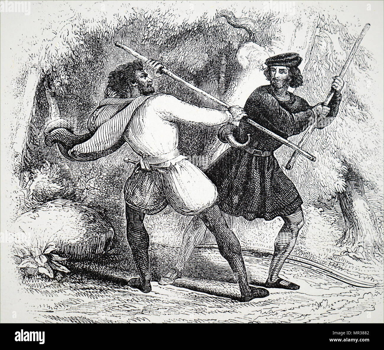 Illustrazione raffigurante Robin Hood, eroico fuorilegge in inglese folklore che secondo la leggenda è stata altamente qualificato archer spadaccino e. Datato xiv secolo Foto Stock