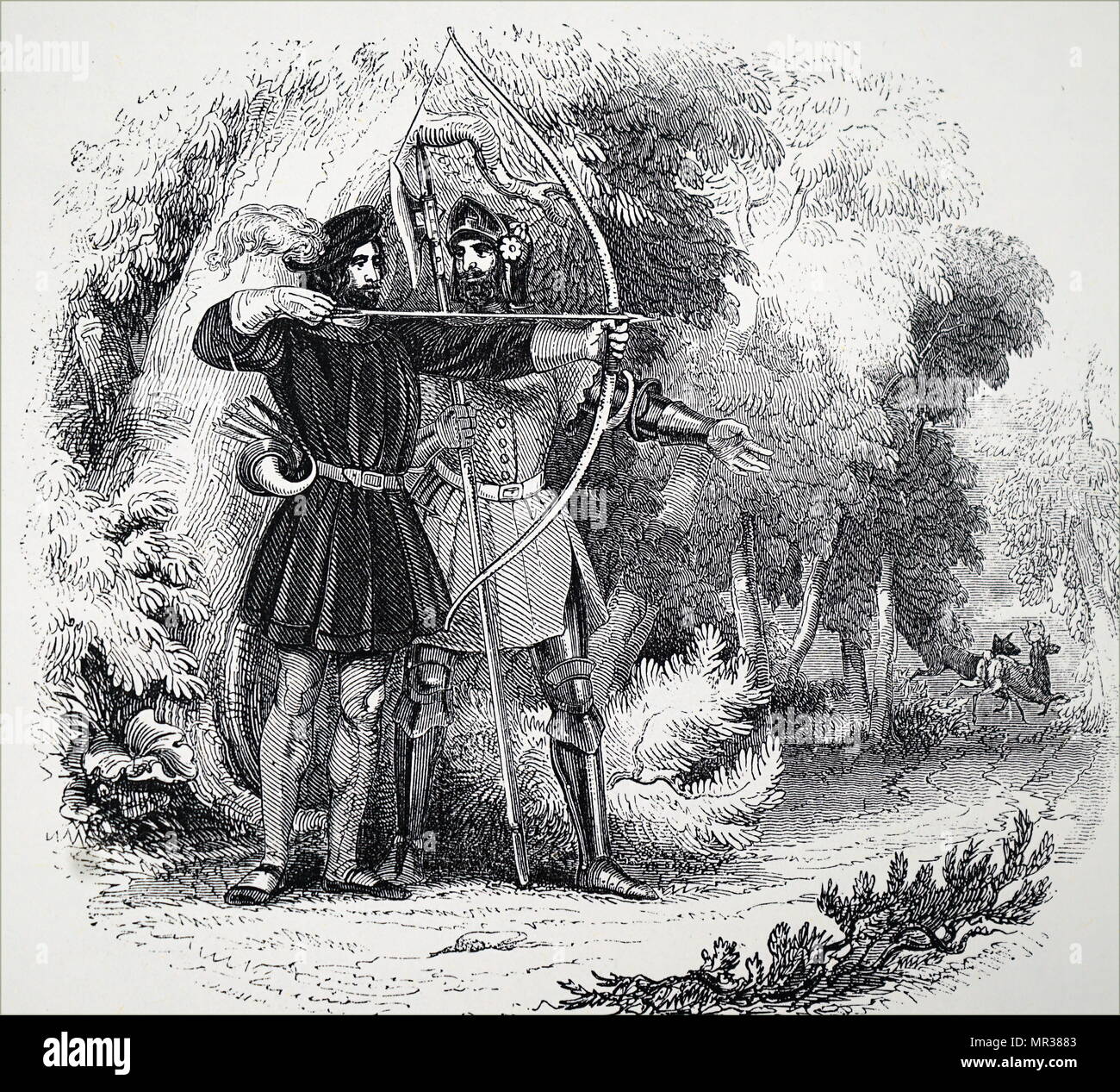 Illustrazione raffigurante Robin Hood, eroico fuorilegge in inglese folklore che secondo la leggenda è stata altamente qualificato archer spadaccino e. Datato xiv secolo Foto Stock