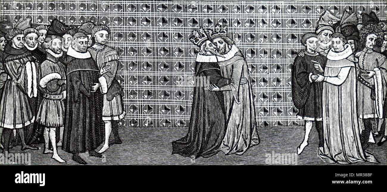 Incisione raffigurante la riunione del re Edward III e il re Filippo V di Francia. Edward III (1312-1377), re d'Inghilterra. Filippo V di Francia (11293-1322) Re di Francia e Re di Navarra. Datato xiv secolo Foto Stock