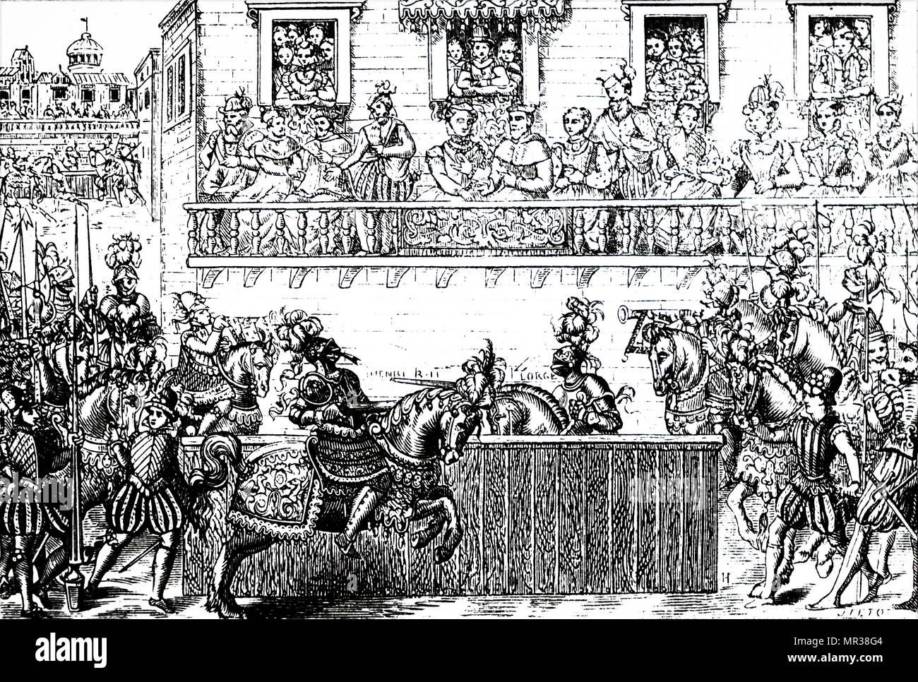 Incisione raffigurante il fatale ferimento di Re Enrico II di Francia. Enrico II di Francia (1519-1559) un monarca della Casa di Valois che governarono come Re di Francia. Datata xvi secolo Foto Stock