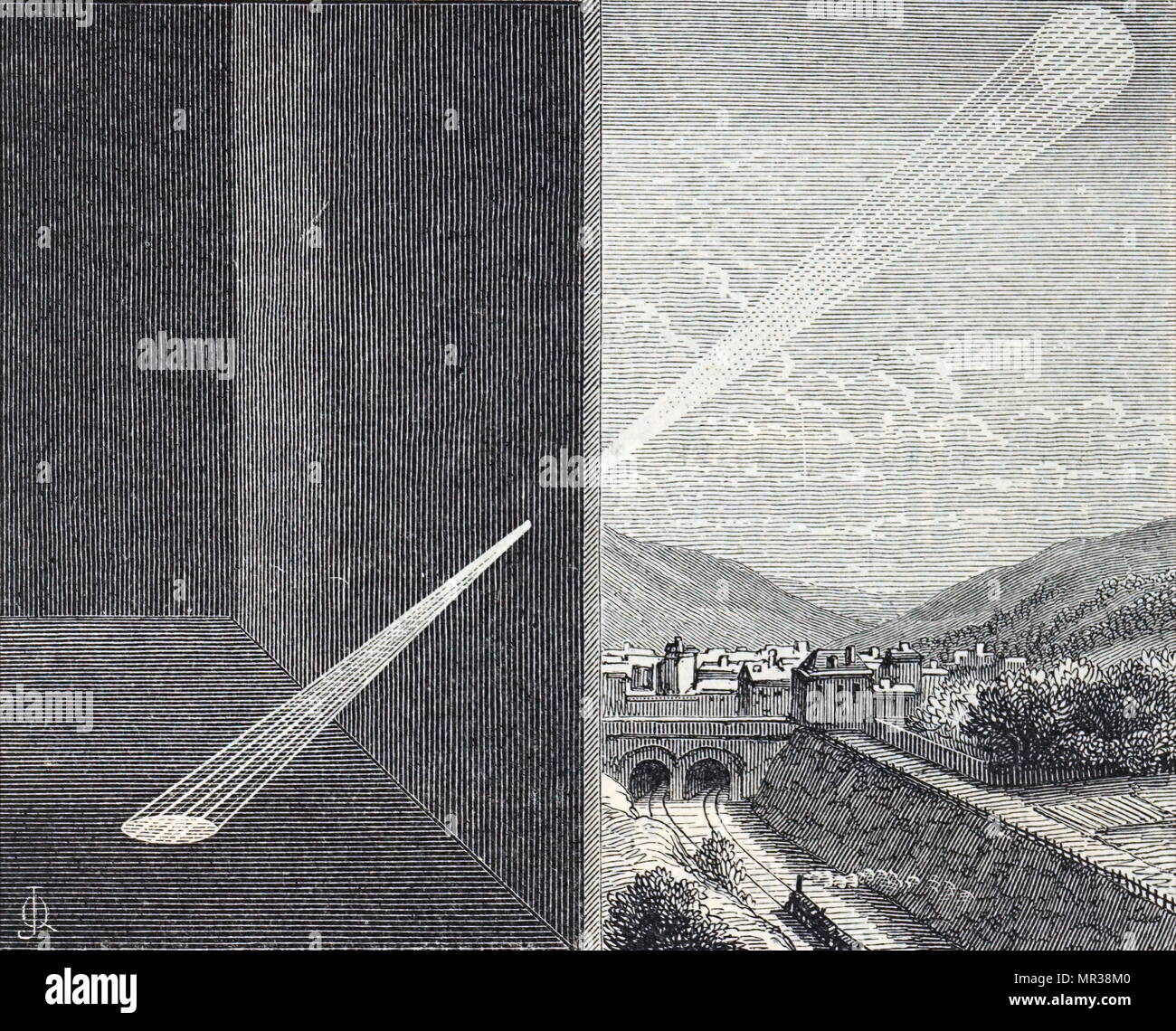 Incisione raffigurante l'immagine del sole essendo proiettata attraverso il foro di una camera oscura. Datata del XIX secolo Foto Stock