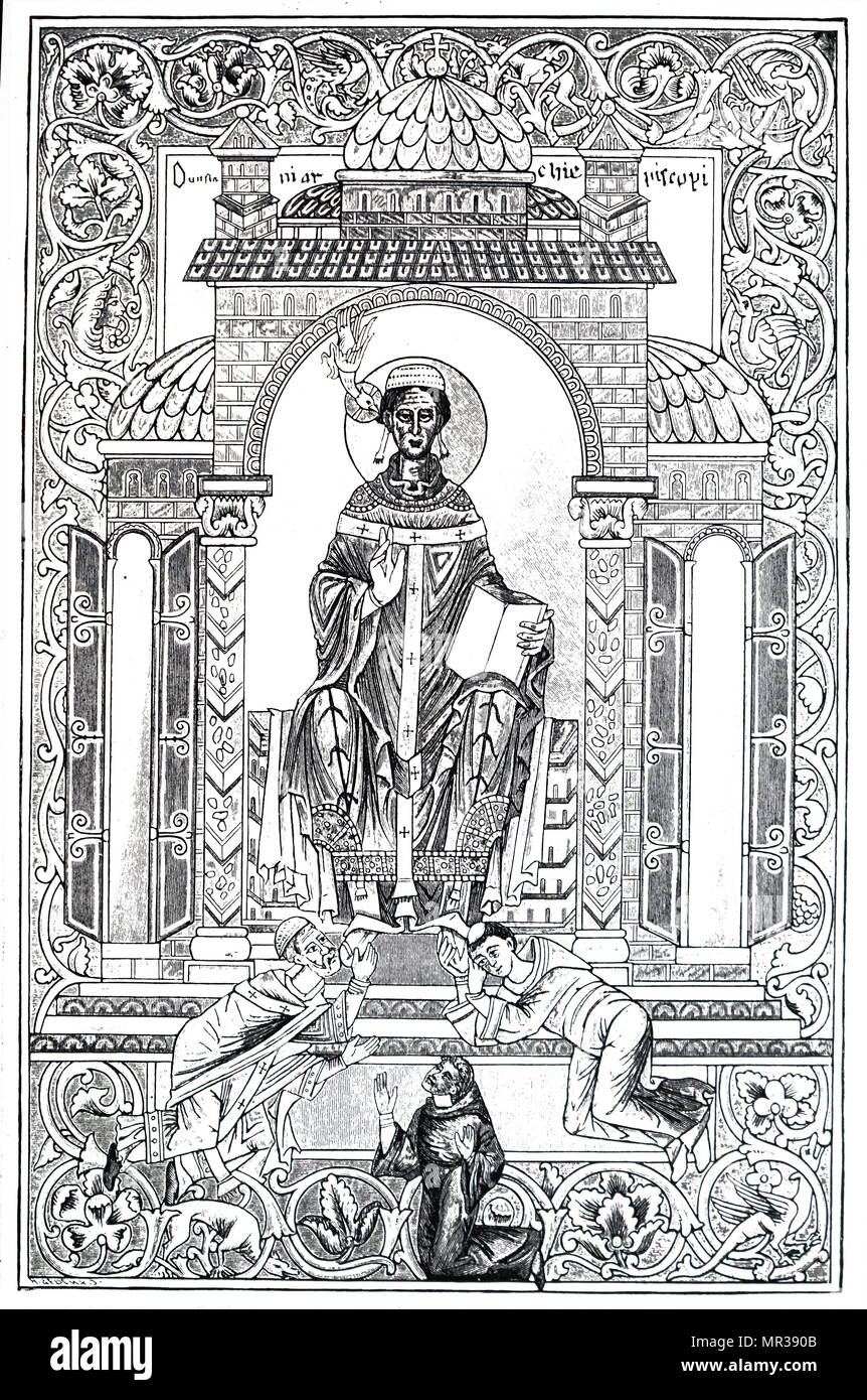 Stampa Woodblock raffigurante Papa Gregorio I (540-604) comunemente noto come San Gregorio Magno. Datata xi secolo Foto Stock