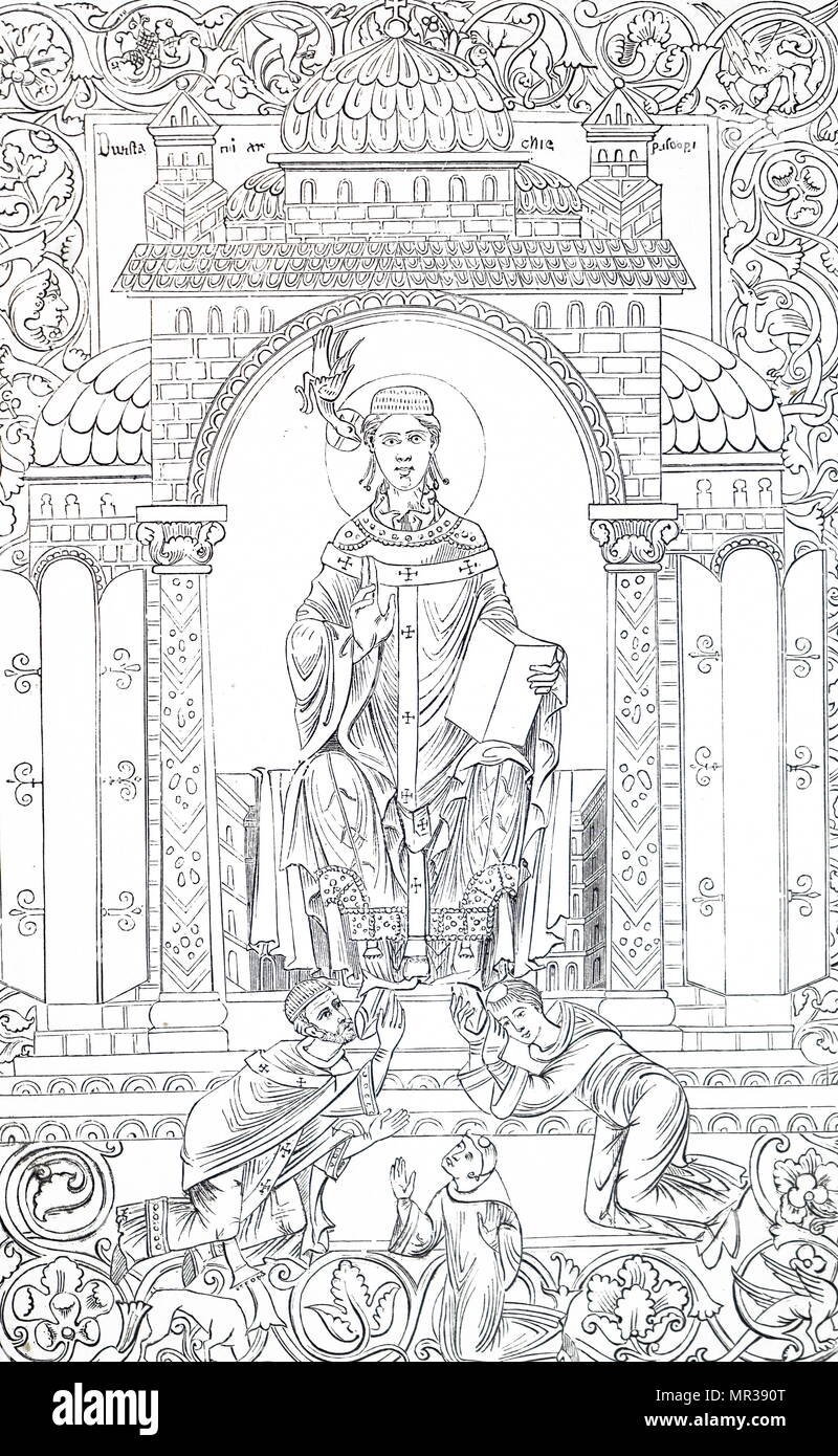 Stampa Woodblock raffigurante Papa Gregorio I (540-604) comunemente noto come San Gregorio Magno. Datata xi secolo Foto Stock
