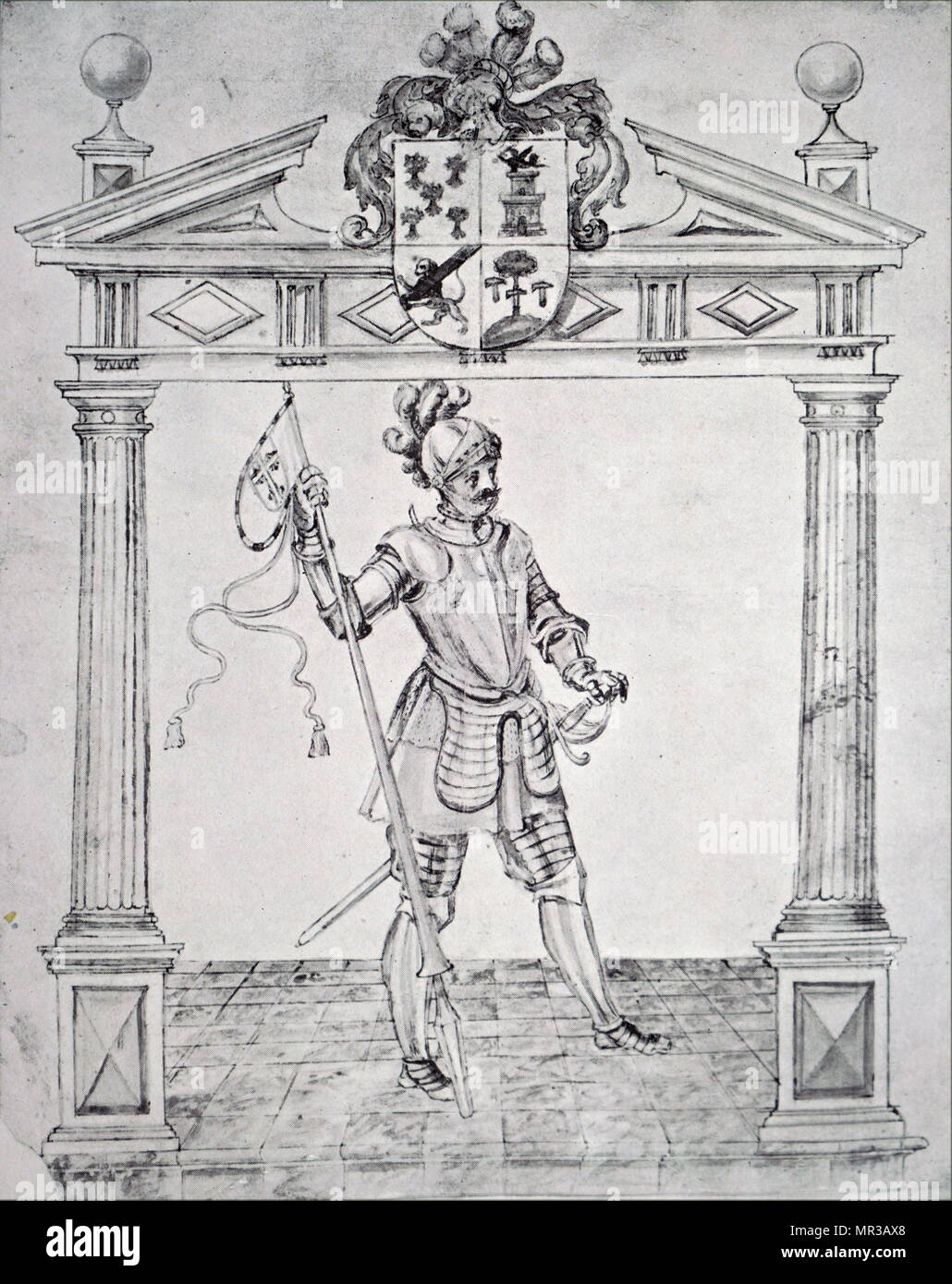 Xvi secolo soldato in armatura completa. Illustrazione circa del XVII secolo Foto Stock