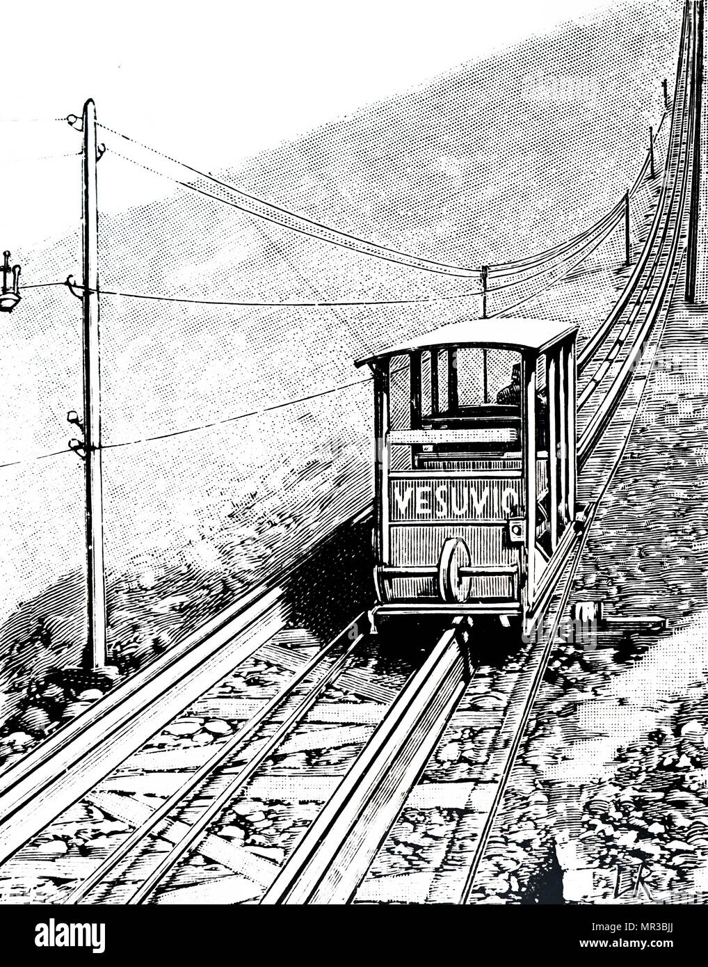 Incisione raffigurante una vista in elevazione laterale della vettura su Mt. Il Vesuvio funicolare. In data xx secolo Foto Stock