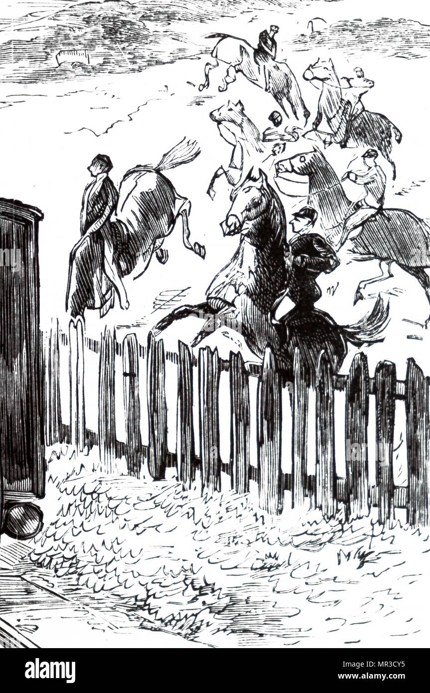 Illustrazione raffigurante un cavallo da corsa razze dal passaggio di un treno, in Berkshire Downs. Datata del XIX secolo Foto Stock