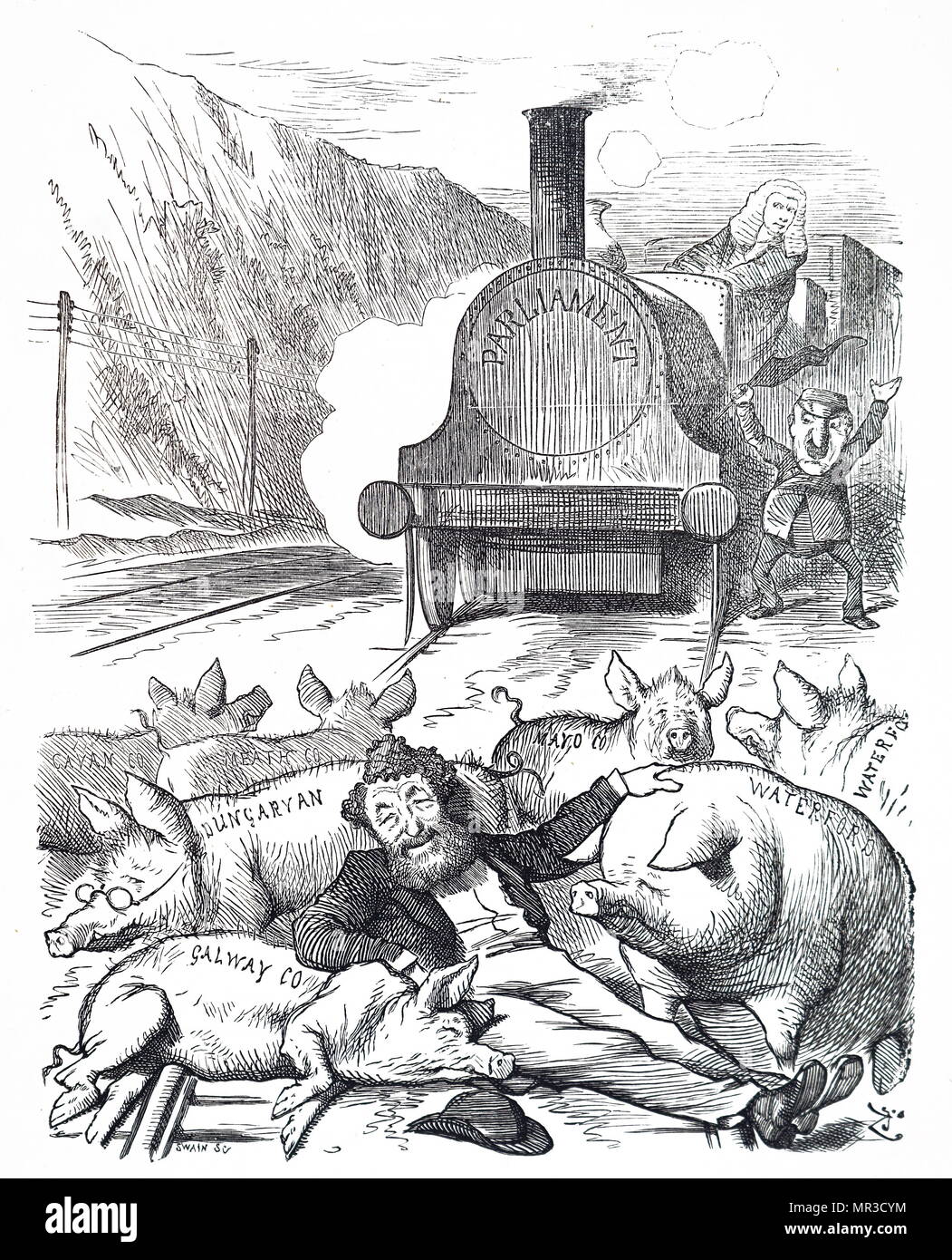 Cartoon intitolato "pig-Ostruzione con testa'. La vignetta raffigura George Hammond Whalley (1813-1878), il mp per Peterborough, ostruendo le tracce come egli giace tra i suini. Il cartoon commenti sulle tecniche ostruttive di MPs a blocco proposte impopolari. Illustrato da Joseph Swain (1820-1909) un inglese di legno-incisore. Datata del XIX secolo Foto Stock