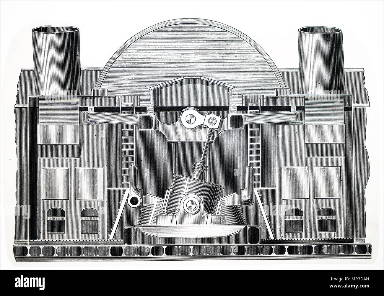 Illustrazione raffigurante una turbina a vapore, un dispositivo che estrae energia termica dal vapore in pressione e lo utilizza per fare lavoro meccanico su un albero rotante di uscita. Inventato da Charles Algernon Parsons (1854-1931) un ingegnere anglo-irlandese e inventore del composto turbina a vapore. Datata del XIX secolo Foto Stock