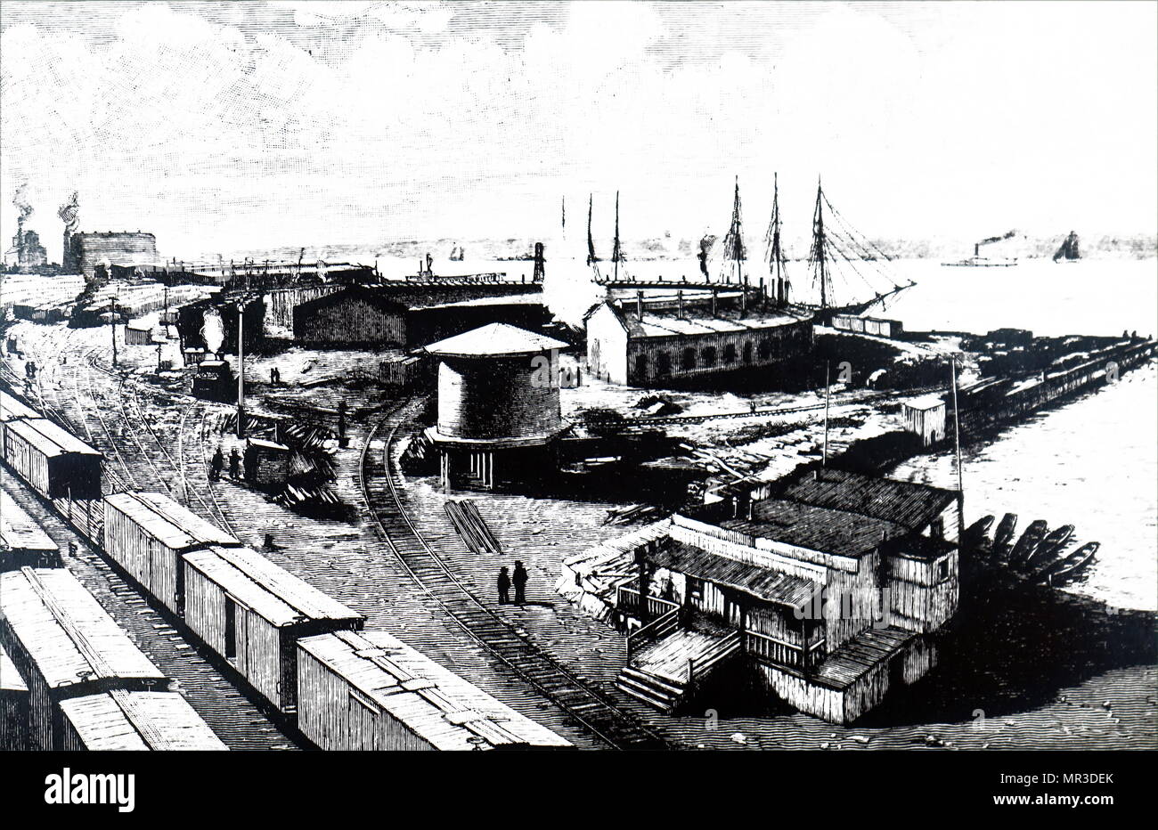 Illustrazione raffigurante Freight Yard di New York e sul fiume Hudson Railroad, West Sixty-Fifth Street, New York. Datata del XIX secolo Foto Stock