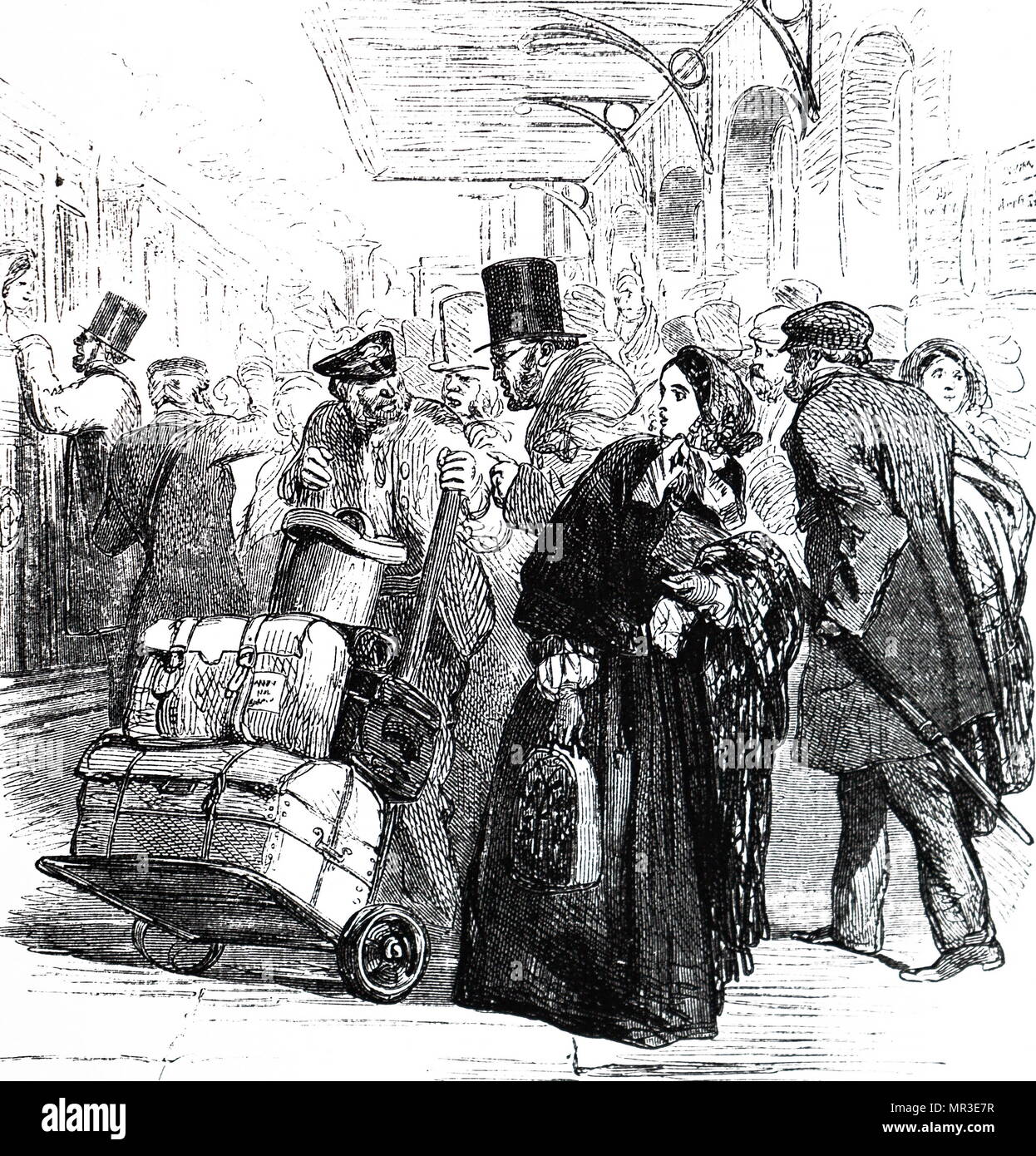 Cartoon raffigurante un caotico stato della stazione di Birmingham. Illustrato da Harry Furniss (1854-1925) un artista e illustratore. Datata del XIX secolo Foto Stock