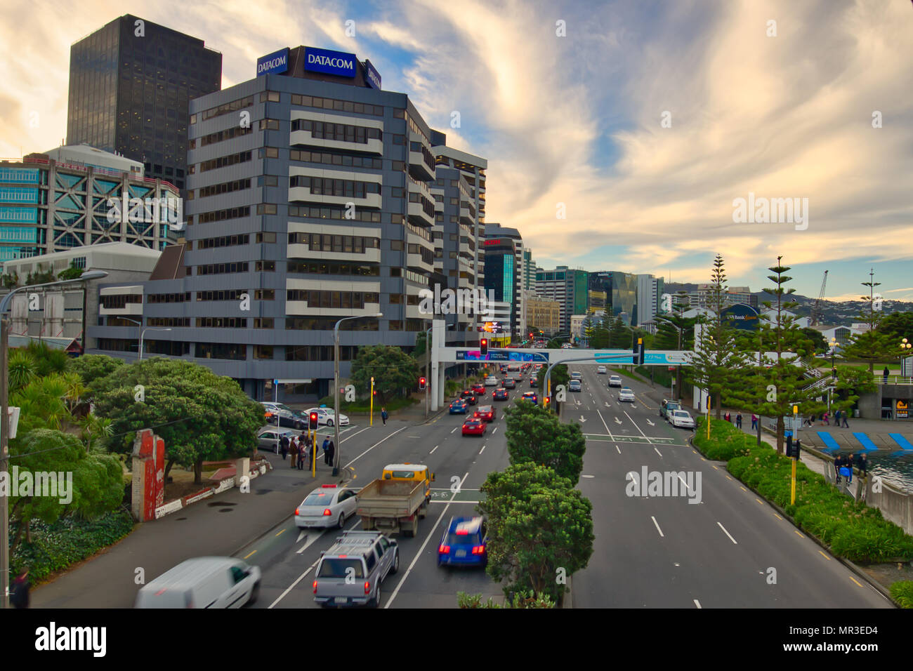 Occupato scene di strada nel centro di Wellington, capitale della Nuova Zelanda. Foto Stock