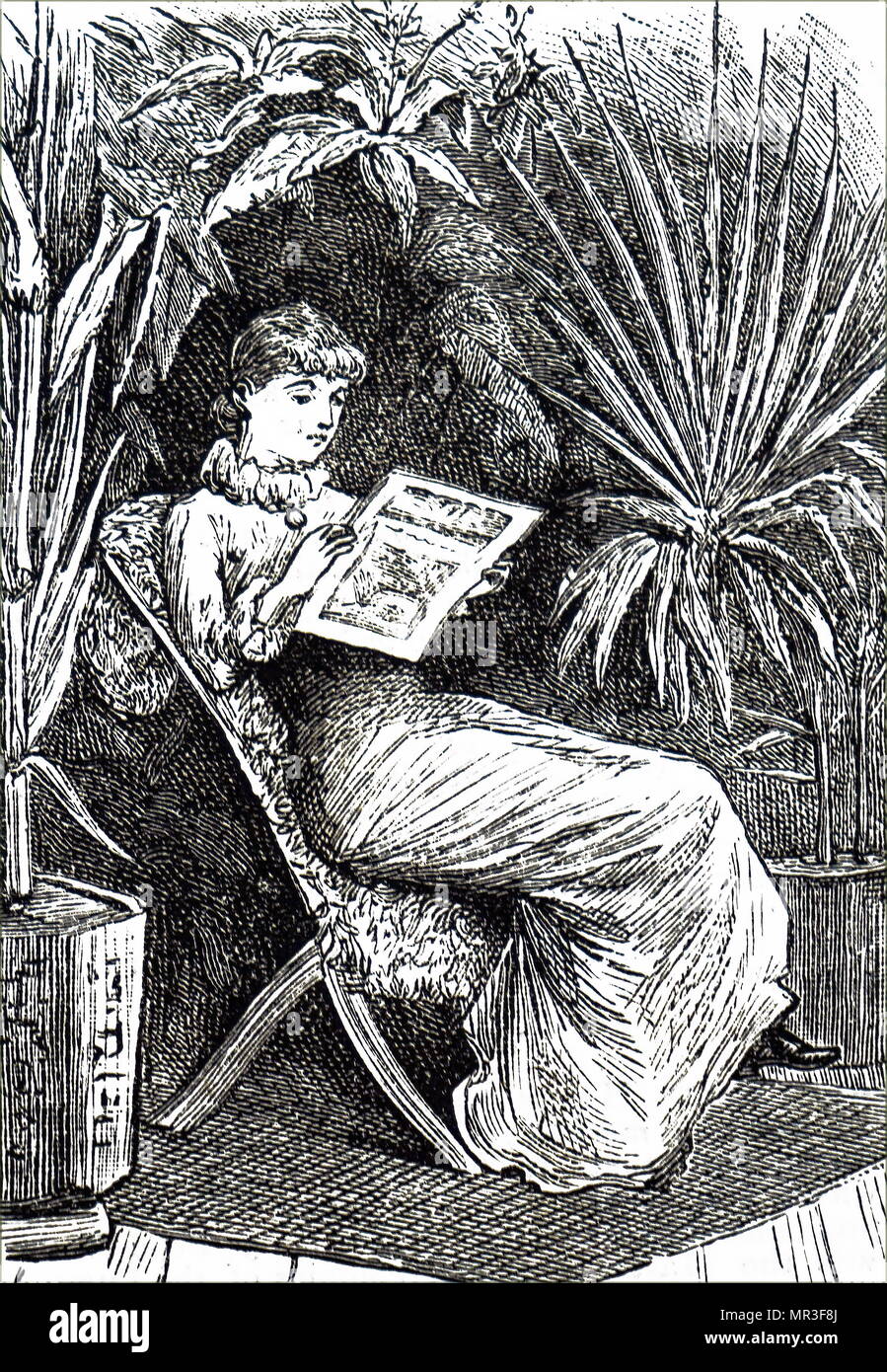 Illustrazione raffigurante una giovane signora lettura in giardino. Datata del XIX secolo Foto Stock Illustrazione raffigurante una giovane signora lettura in giardino. Datata del XIX secolo Foto Stock