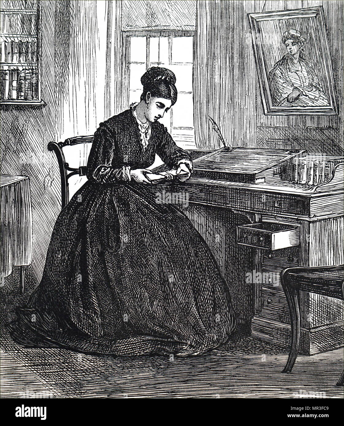 Illustrazione raffigurante una giovane donna con una pendenza di scrittura come scrive la sua lettera a. Illustrato da Matteo Bianchi Ridley (1837-1888) un artista britannico. Datata del XIX secolo Foto Stock