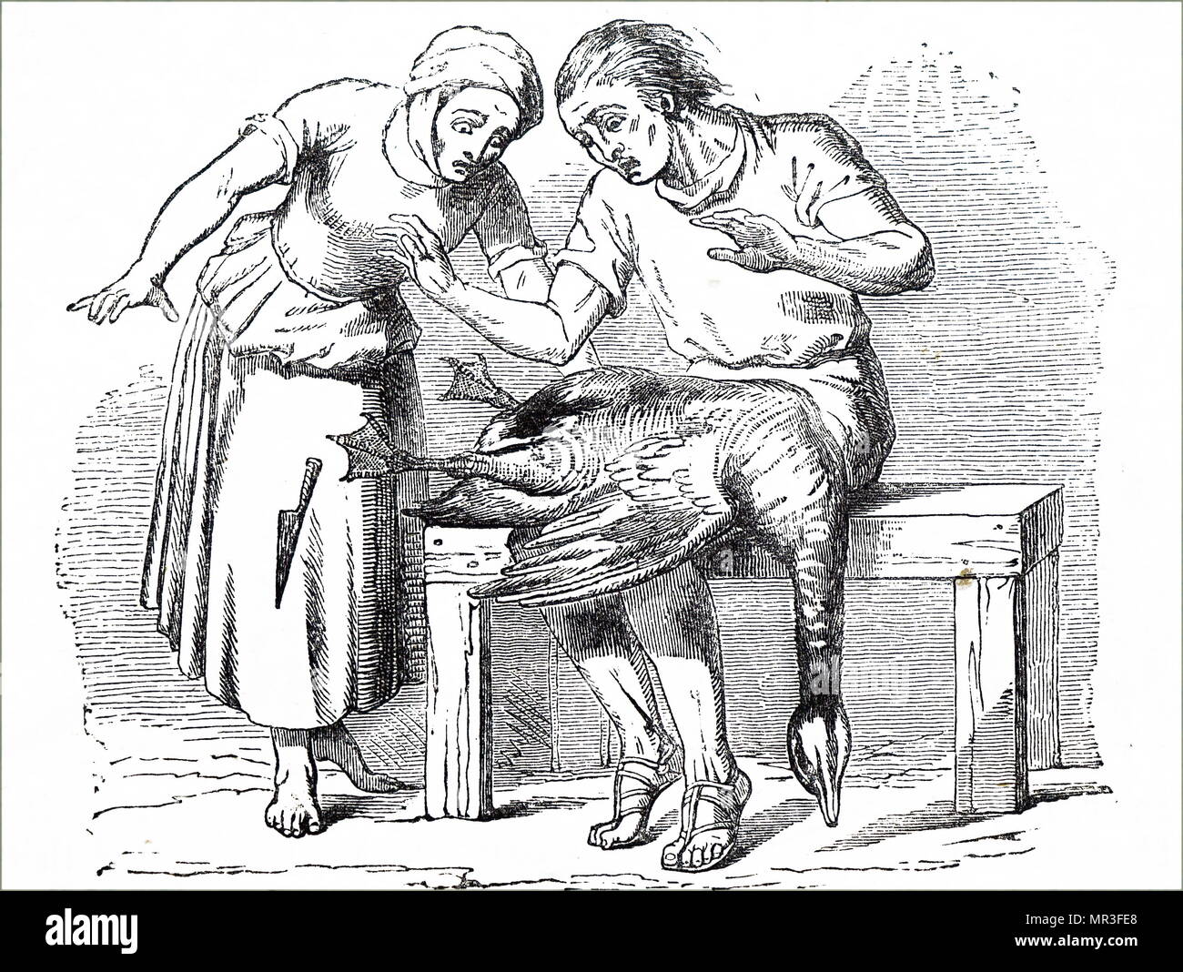 Illustrazione raffigurante un agricoltore che rifiuta di uccidere un anatra. Datata del XIX secolo Foto Stock