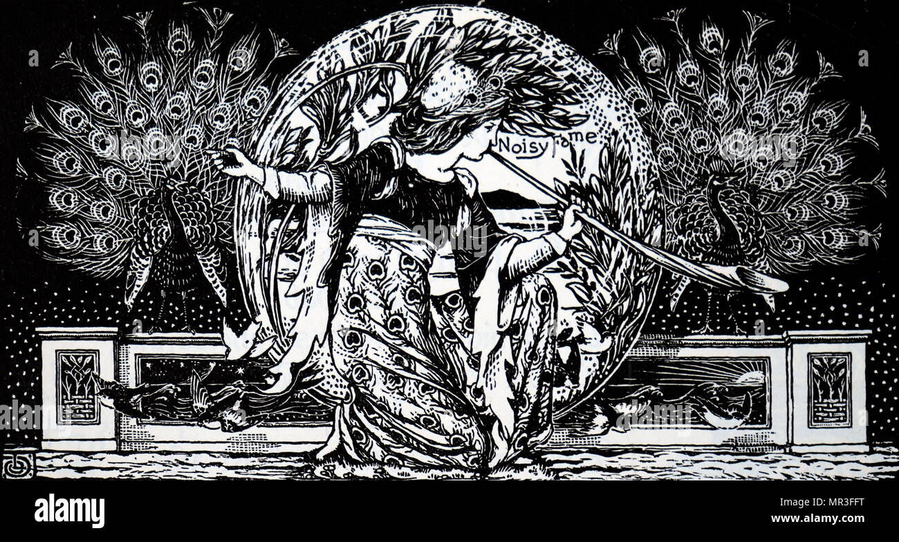 Testiera raffigurante una giovane donna suonare uno strumento musicale. Illustrato da Louis Davis (1860-1941) un inglese un acquerellista, illustratore di libri e vetrate artista. Datata del XIX secolo Foto Stock