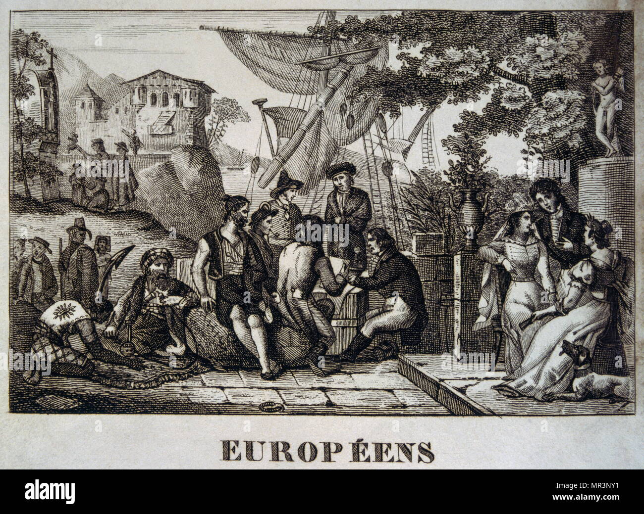 Illustrazione raffigurante gli operatori europei e viaggiatori. Francese, 1830 Foto Stock