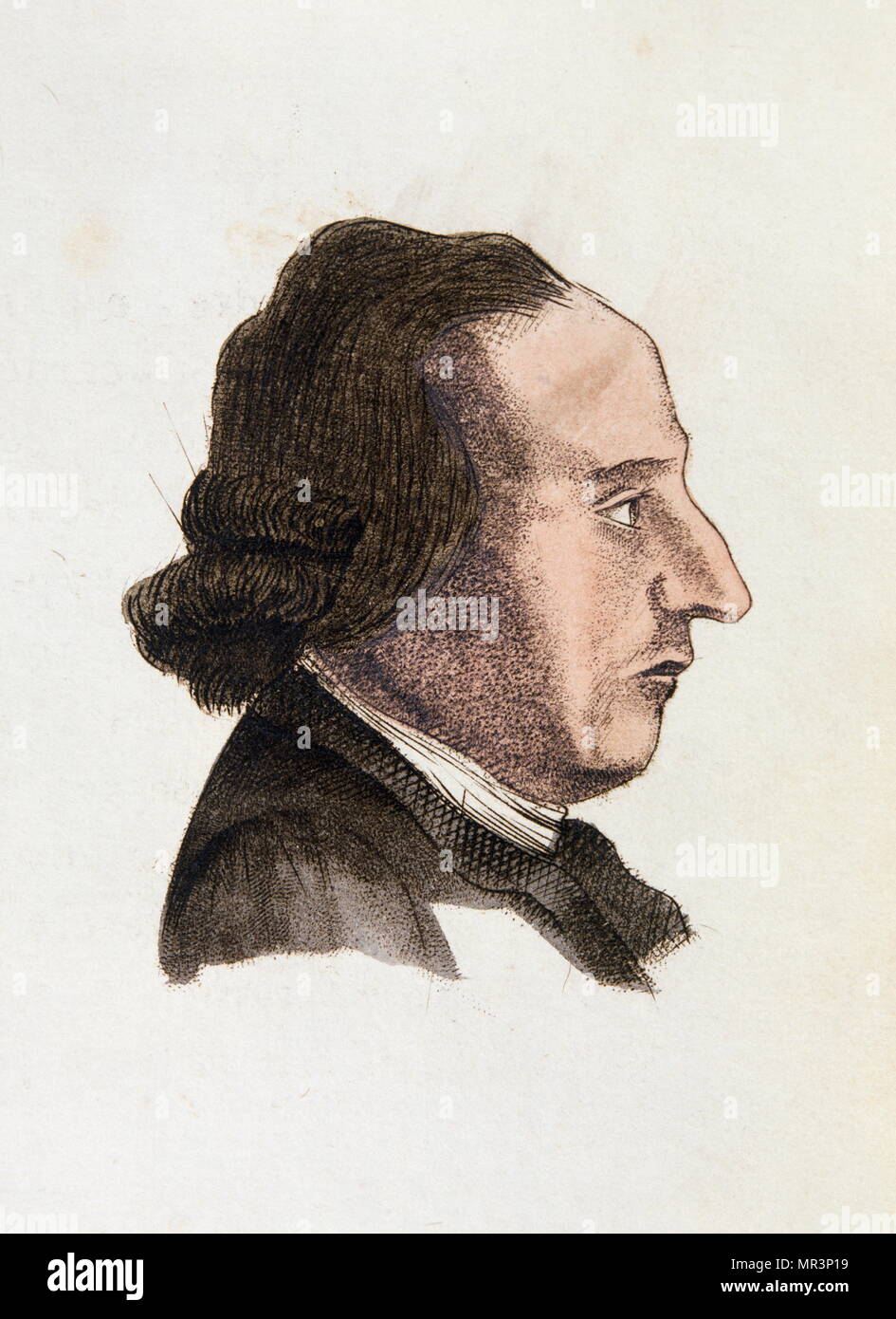 Illustrazione di un uomo da "l'Lavater portatile o precisa l'arte di conoscere gli uomini dai lineamenti del viso' 1808 da Johann Kaspar Lavater (1741 - 1801). Lavater fu un poeta svizzero, scrittore, filosofo, physiognomist e teologo. Lavater è il più noto per il suo lavoro nel campo della fisionomia. Egli ha introdotto il concetto che la fisiognomica legati alle specifiche caratteristiche dei singoli individui piuttosto che di tipo generale. Foto Stock