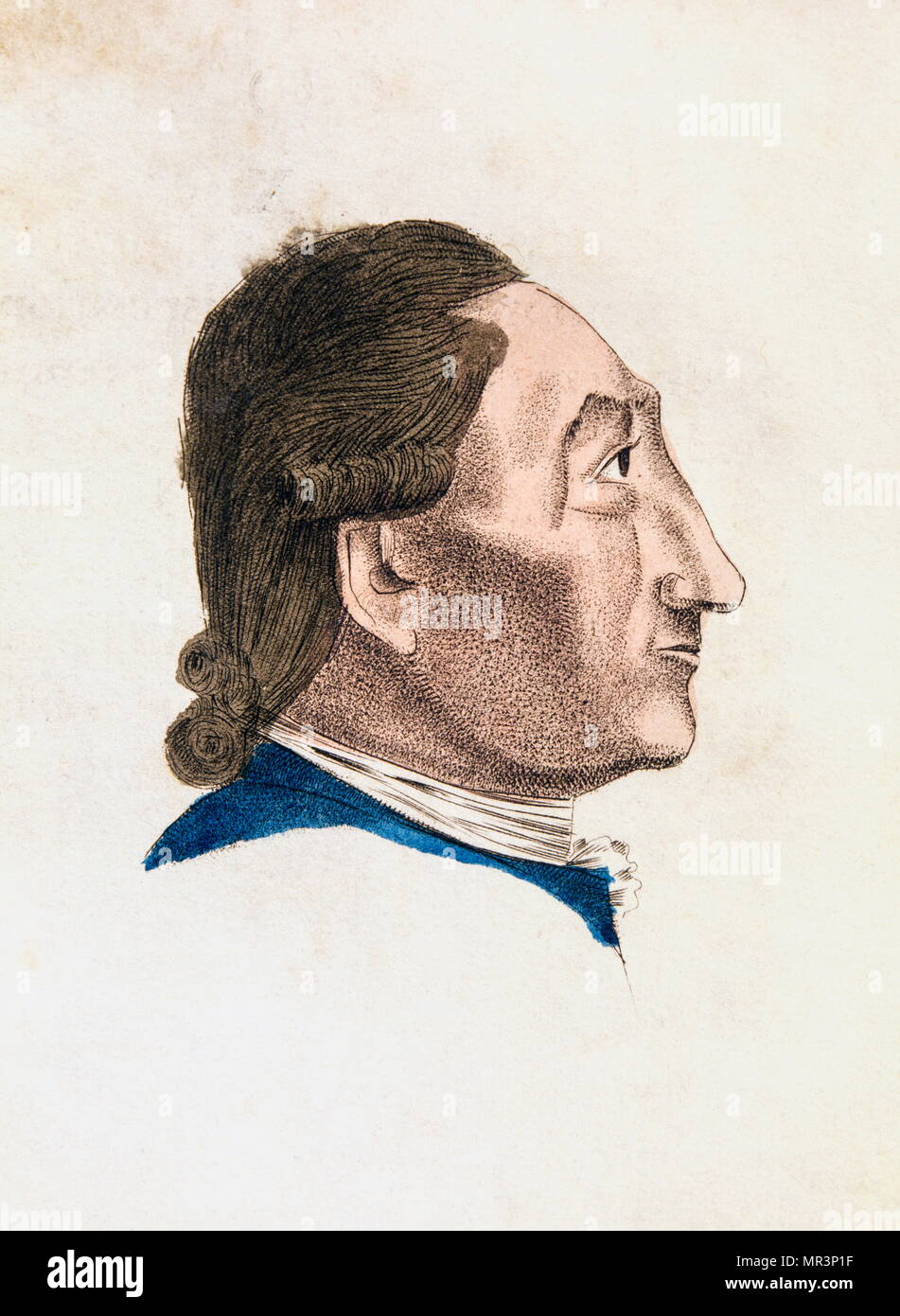 Illustrazione di un uomo da "l'Lavater portatile o precisa l'arte di conoscere gli uomini dai lineamenti del viso' 1808 da Johann Kaspar Lavater (1741 - 1801). Lavater fu un poeta svizzero, scrittore, filosofo, physiognomist e teologo. Lavater è il più noto per il suo lavoro nel campo della fisionomia. Egli ha introdotto il concetto che la fisiognomica legati alle specifiche caratteristiche dei singoli individui piuttosto che di tipo generale. Foto Stock