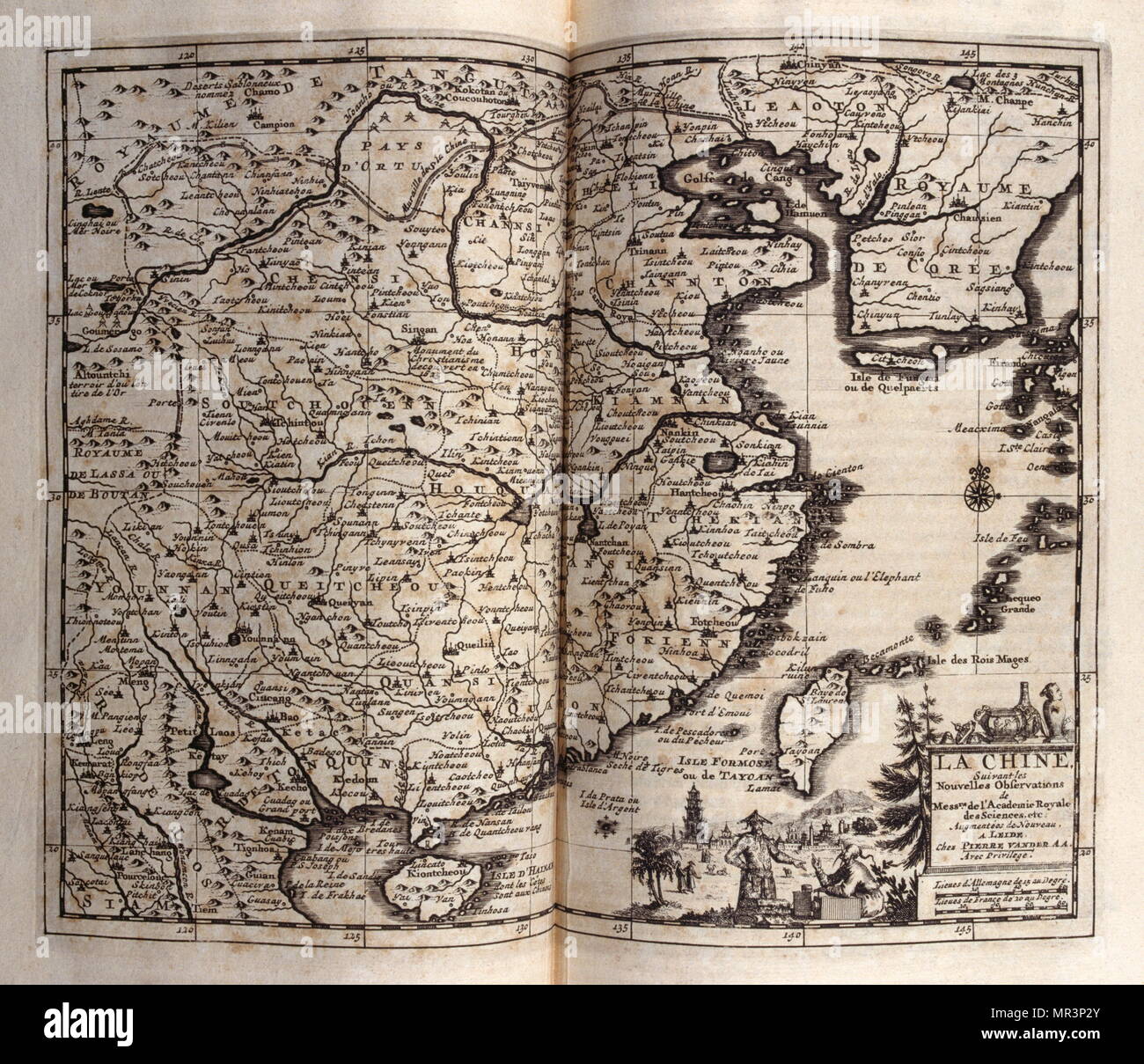 Mappa di Cina, dai viaggi fatti in Persia e India 1727, da Johan Albrecht de Mandelslo (1616-1644). seicentesco avventuriero tedesco, che ha scritto circa i suoi viaggi attraverso la Persia e India Foto Stock