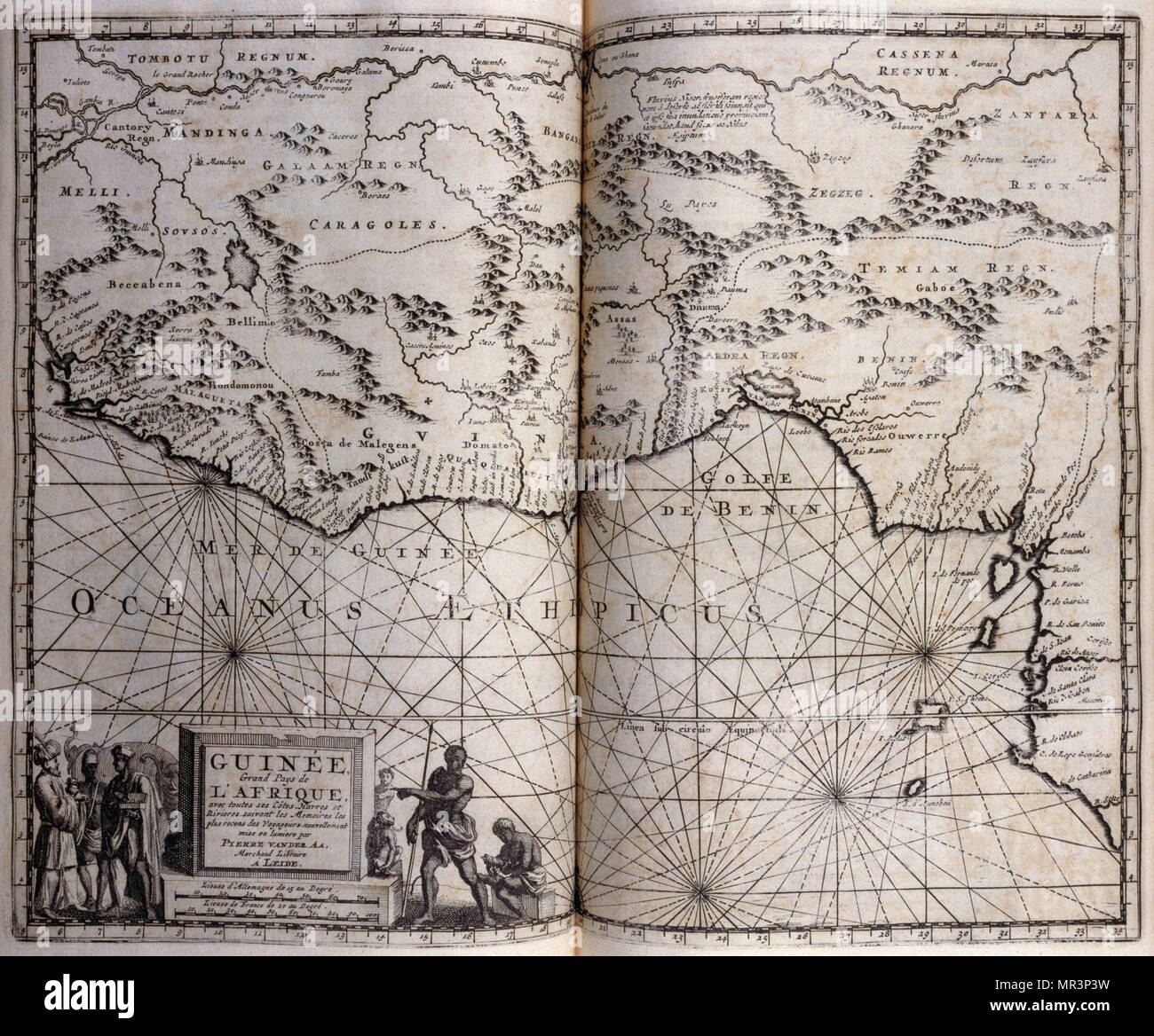 Mappa di West Africa, compresa la Guinea, 1727. Da viaggi fatti per la Persia e India 1727, da Johan Albrecht de Mandelslo (1616-1644). seicentesco avventuriero tedesco, che ha scritto circa i suoi viaggi attraverso la Persia e l'India. Foto Stock