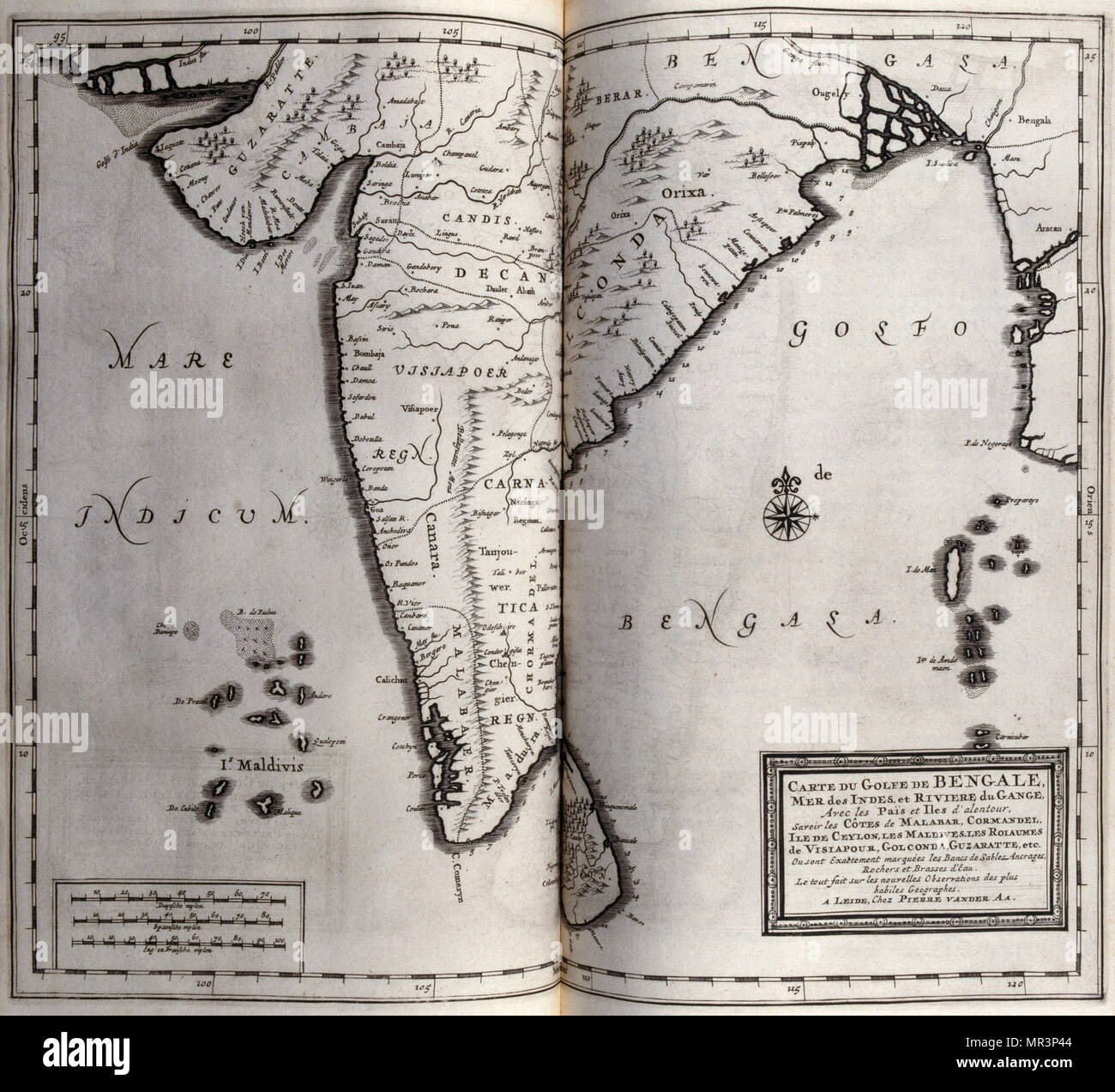 Mappa del golfo del Bengala, India 1727. Da viaggi fatti per la Persia e India 1727, da Johan Albrecht de Mandelslo (1616-1644). seicentesco avventuriero tedesco, che ha scritto circa i suoi viaggi attraverso la Persia e l'India. Foto Stock