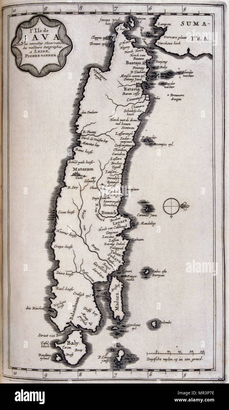Mappa di Java nelle Indie orientali olandesi, circa 1680, xvii secolo. Illustrazione da viaggi fatti per la Persia e India 1727, da Johan Albrecht de Mandelslo (1616-1644). seicentesco avventuriero tedesco, che ha scritto circa i suoi viaggi attraverso la Persia e India Foto Stock