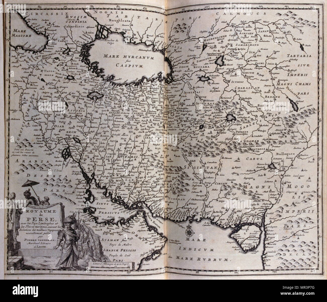 Mappa dell'Impero Persiano. Il XVII secolo. Illustrazione da viaggi fatti per la Persia e India 1727, da Johan Albrecht de Mandelslo (1616-1644). seicentesco avventuriero tedesco, che ha scritto circa i suoi viaggi attraverso la Persia e India Foto Stock