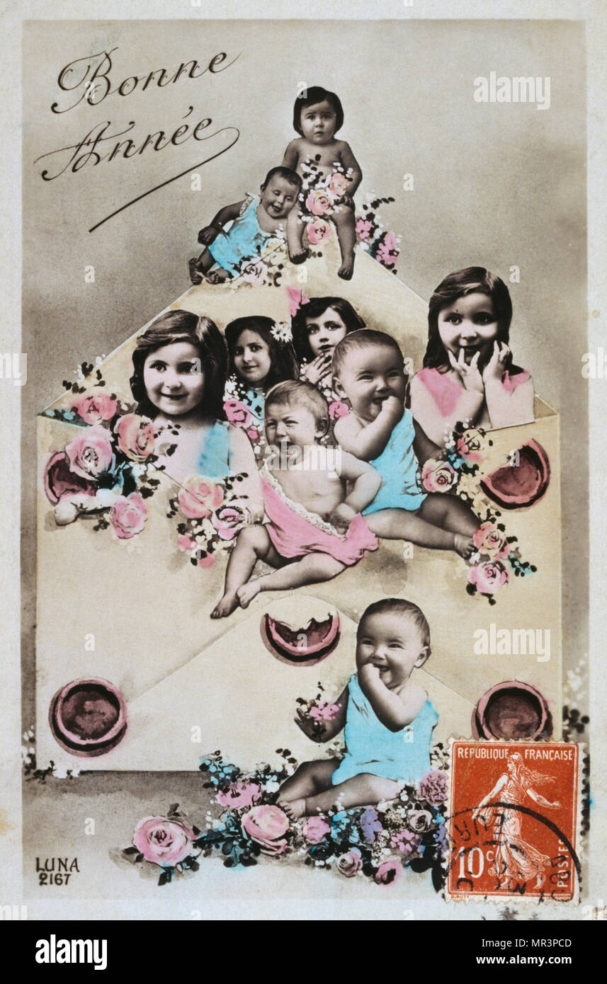 Il francese Felice Anno Nuovo, cartolina raffigurante felice ai neonati e ai bambini piccoli. 1900 Foto Stock