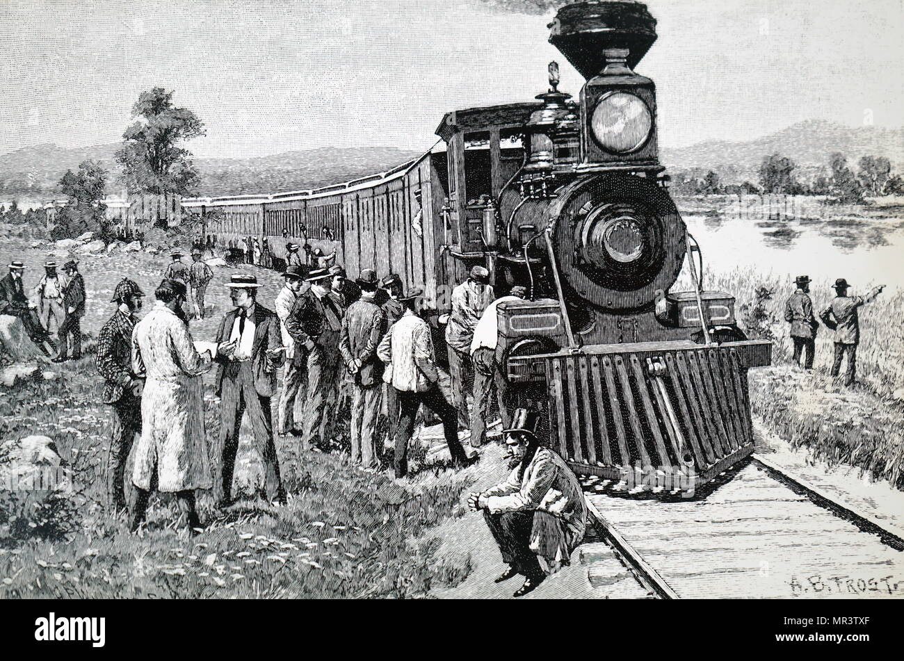 Illustrazione raffigurante un treno a vapore che ha rotto in giù a metà del viaggio. Datata del XIX secolo Foto Stock