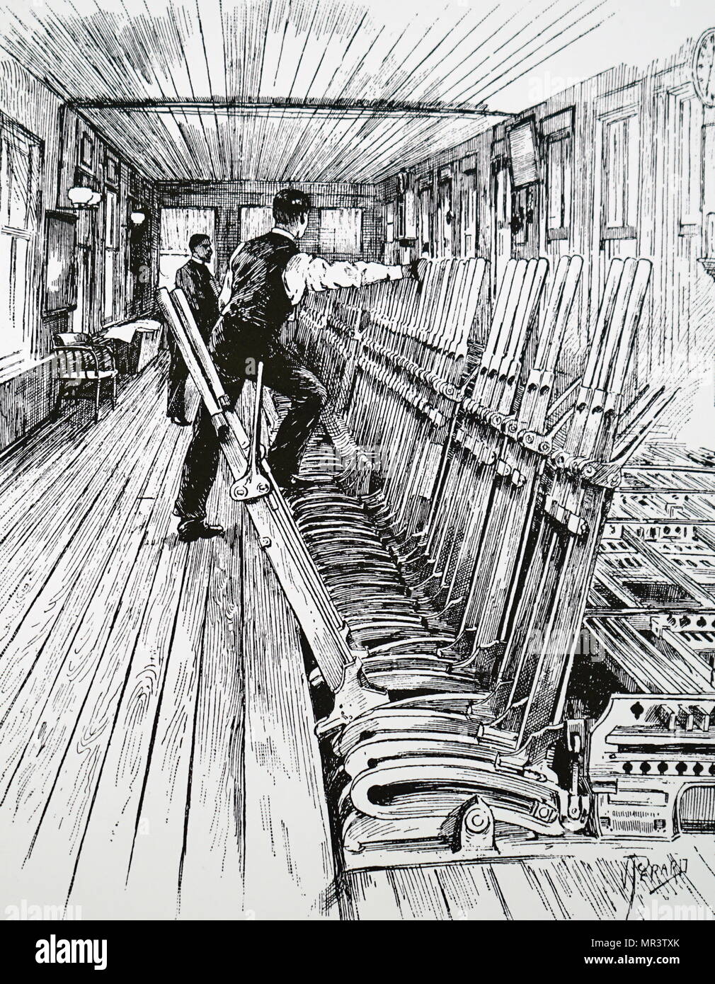 Illustrazione raffigurante una banca di leve ad incastro in una casella segnale. Datata del XIX secolo Foto Stock