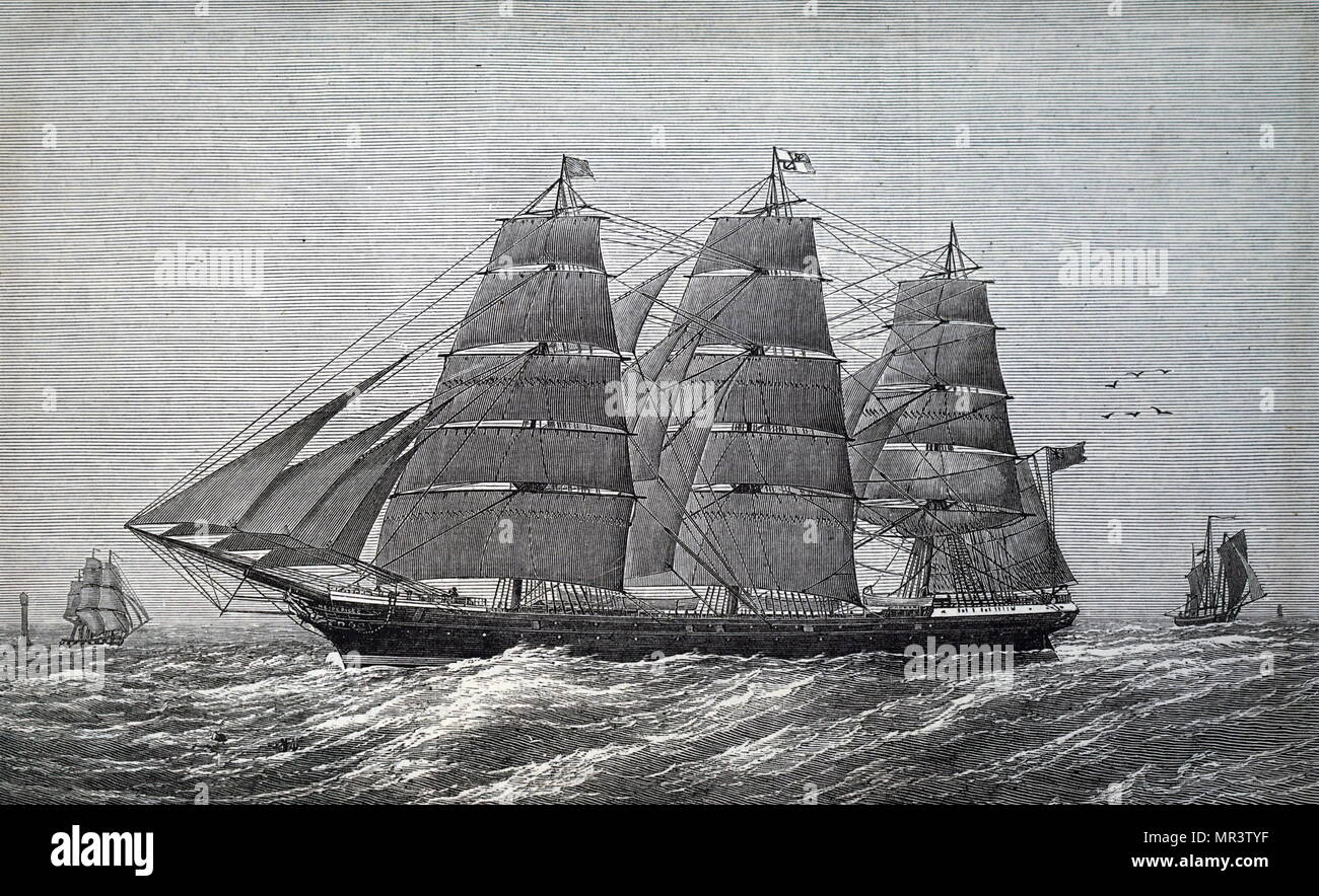 Illustrazione raffigurante una nave di emigrazione in viaggio per la Nuova Zelanda, dal Regno Unito. Datata del XIX secolo Foto Stock